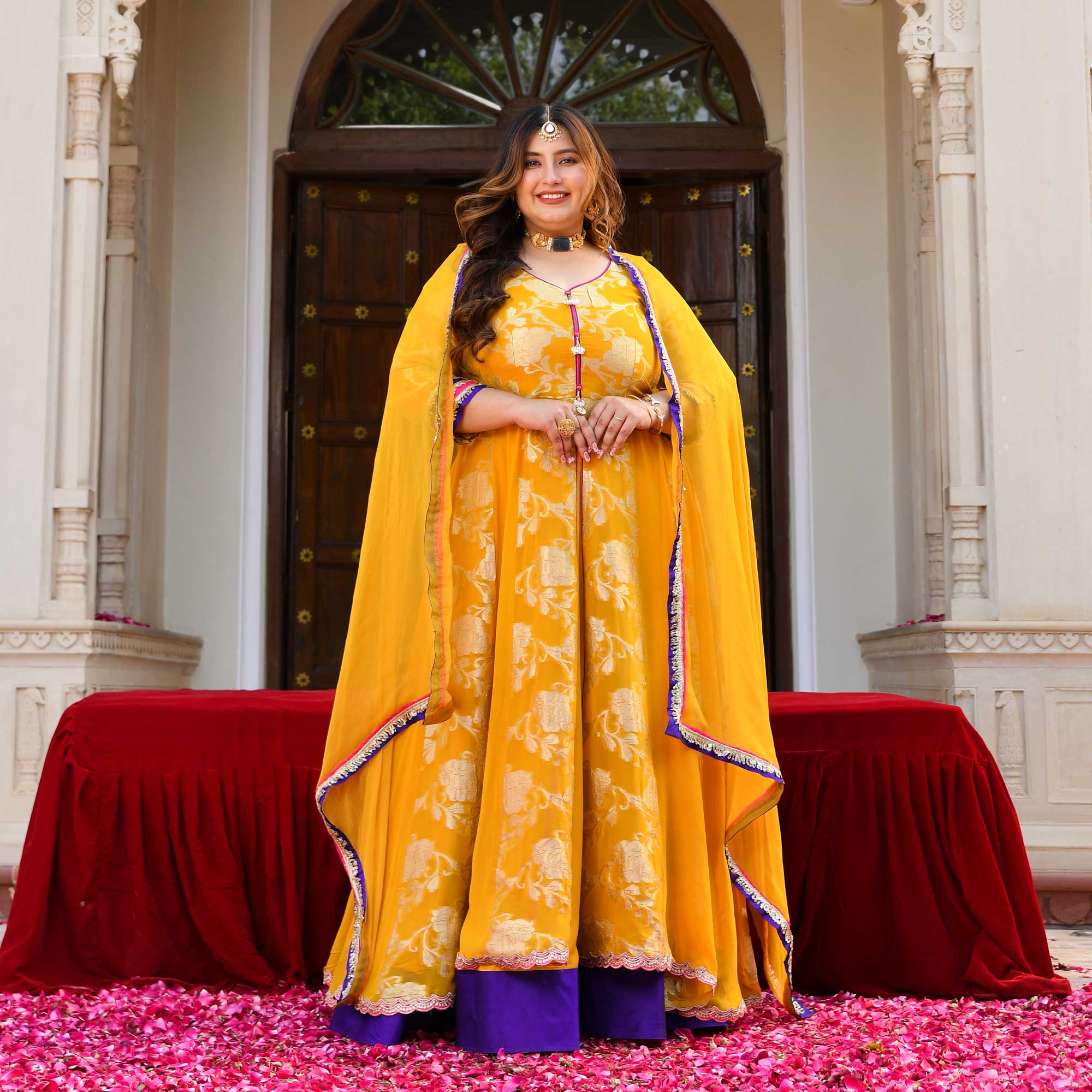 Swarna- Mustard Yellow Banarasi Pure Georgette Anarkali Skirt Set