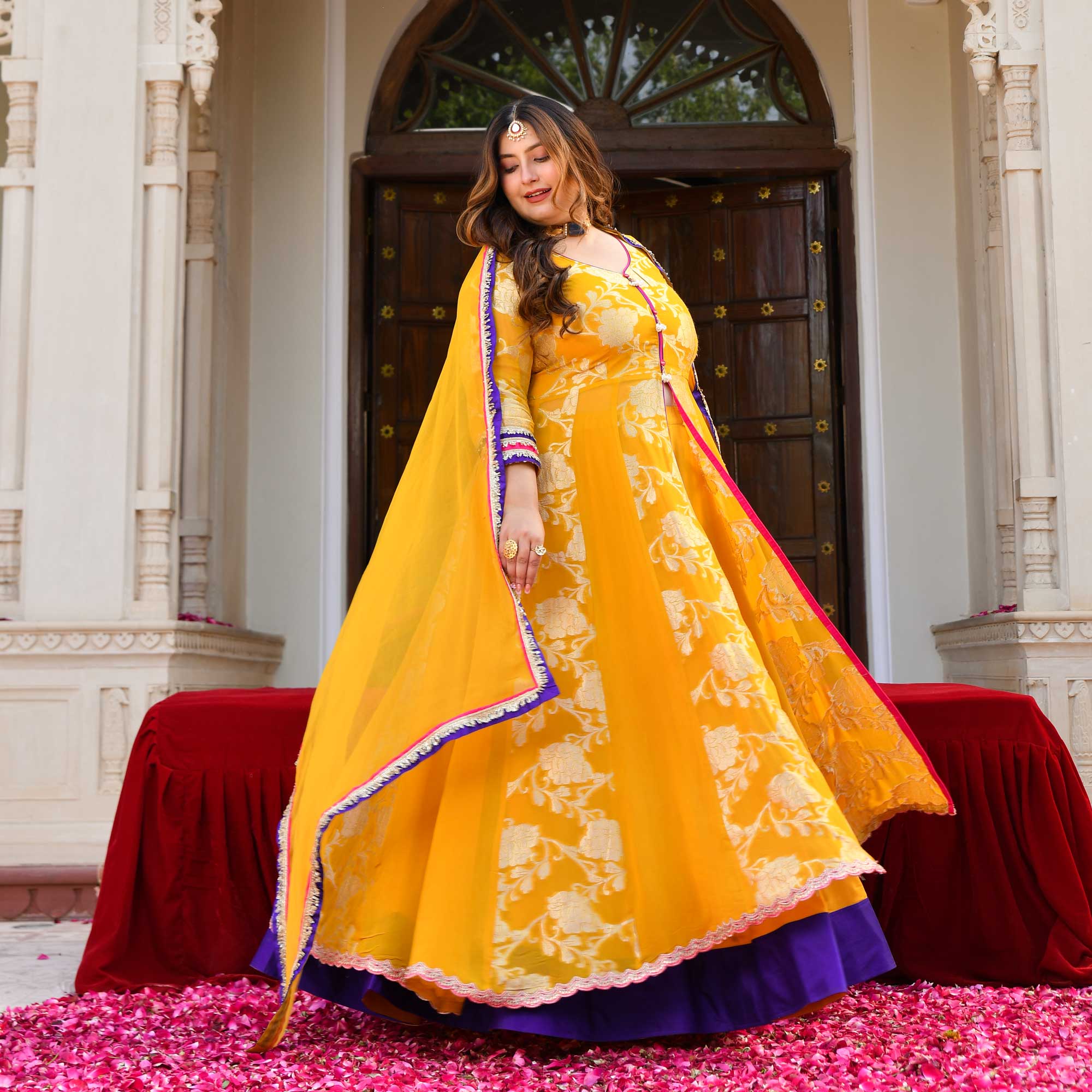 Swarna- Mustard Yellow Banarasi Pure Georgette Anarkali Skirt Set