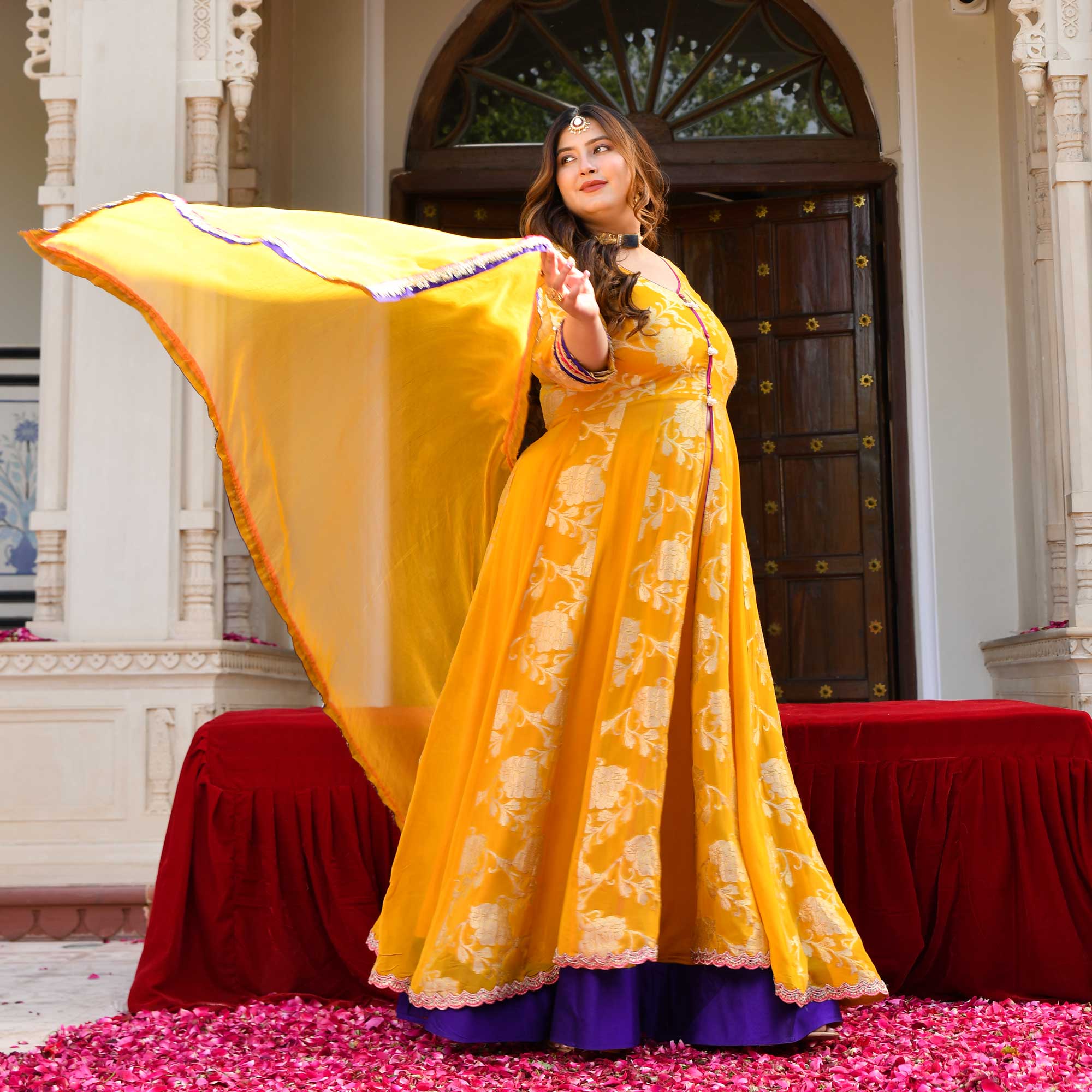 Swarna- Mustard Yellow Banarasi Pure Georgette Anarkali Skirt Set