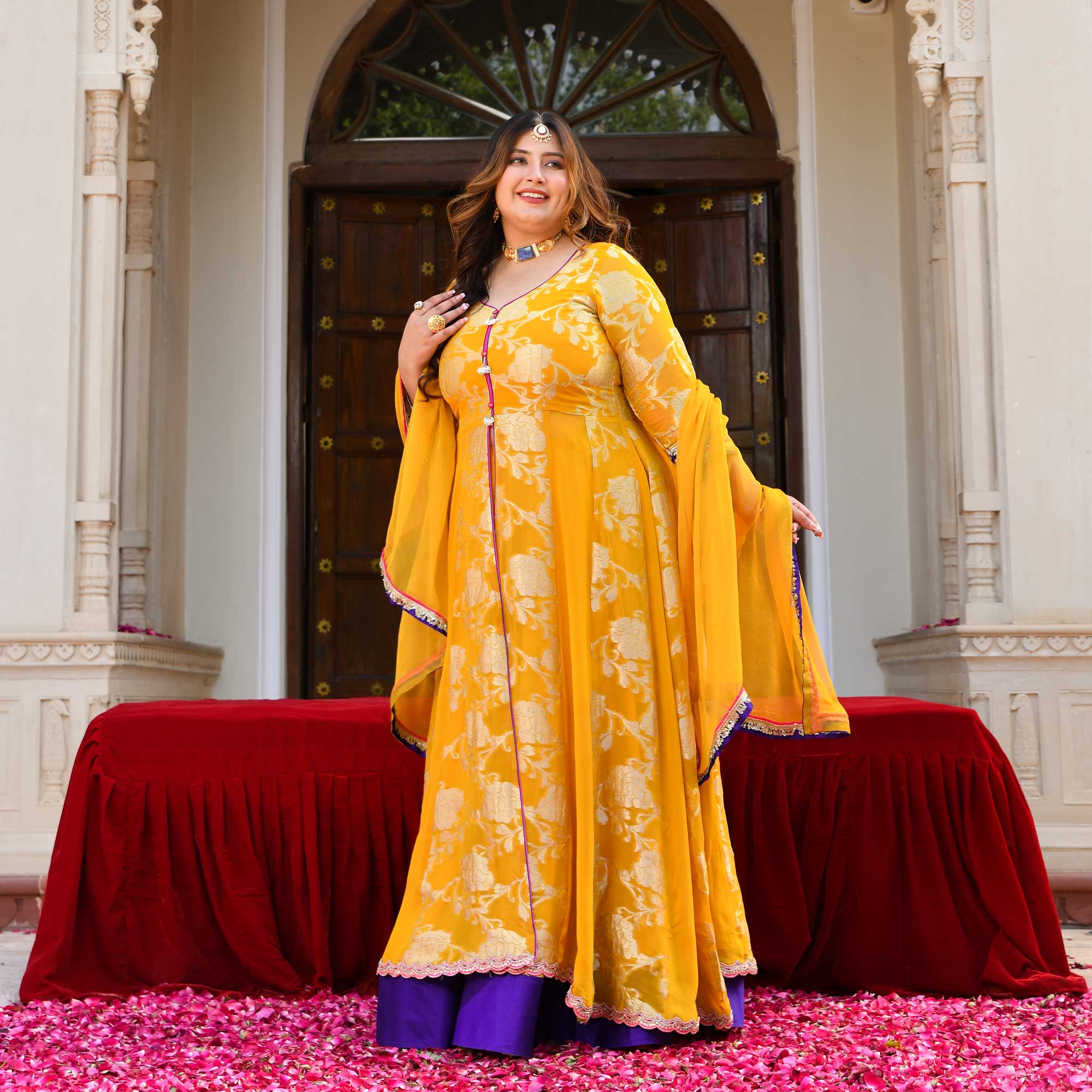 Swarna- Mustard Yellow Banarasi Pure Georgette Anarkali Skirt Set