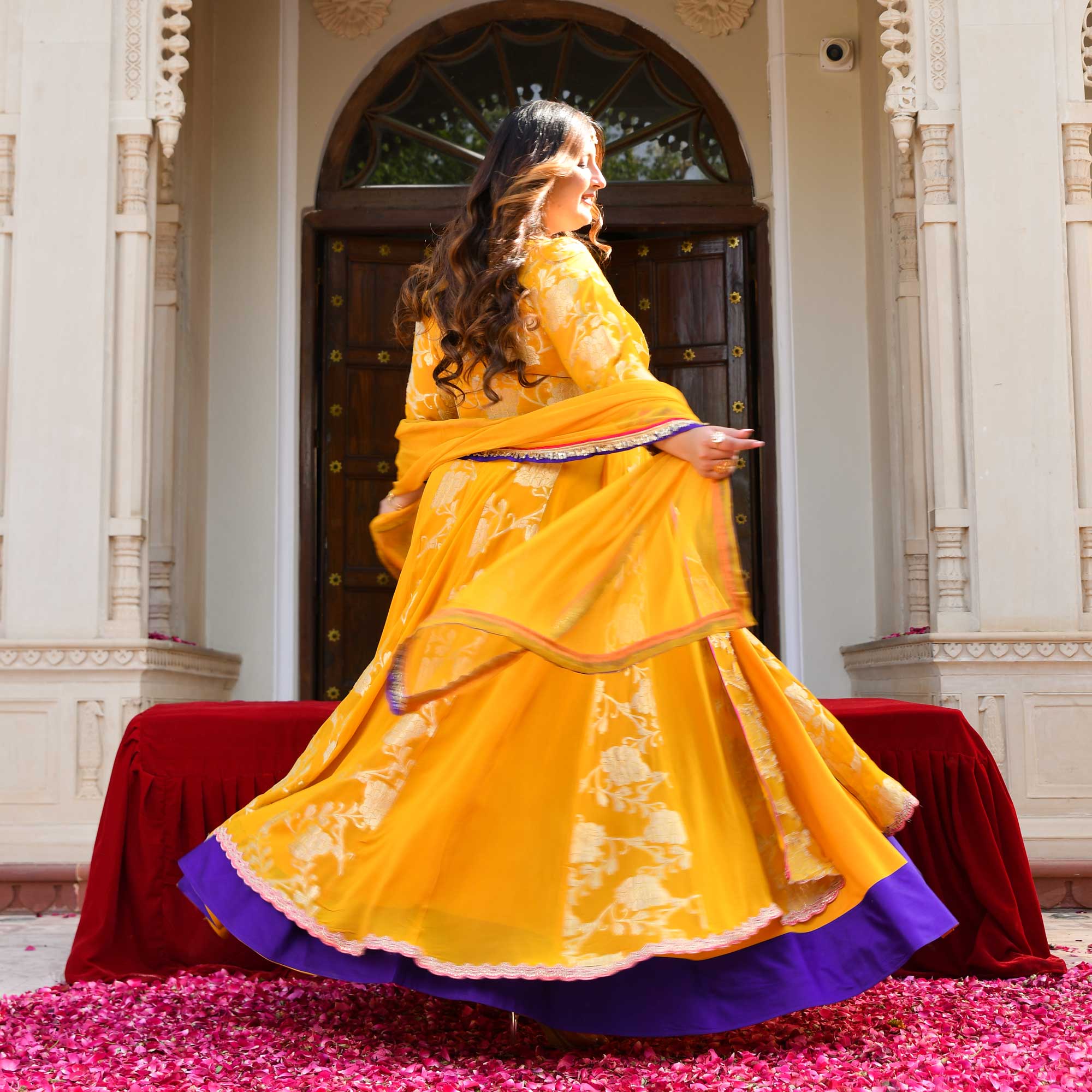Swarna- Mustard Yellow Banarasi Pure Georgette Anarkali Skirt Set