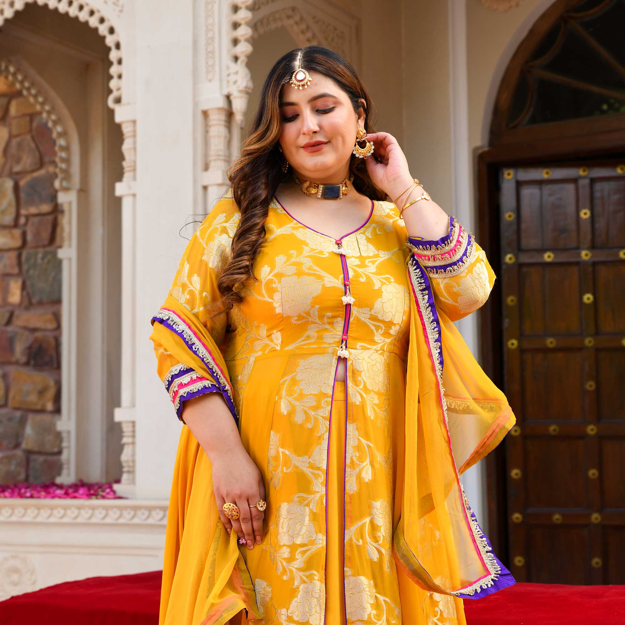 Swarna- Mustard Yellow Banarasi Pure Georgette Anarkali Skirt Set