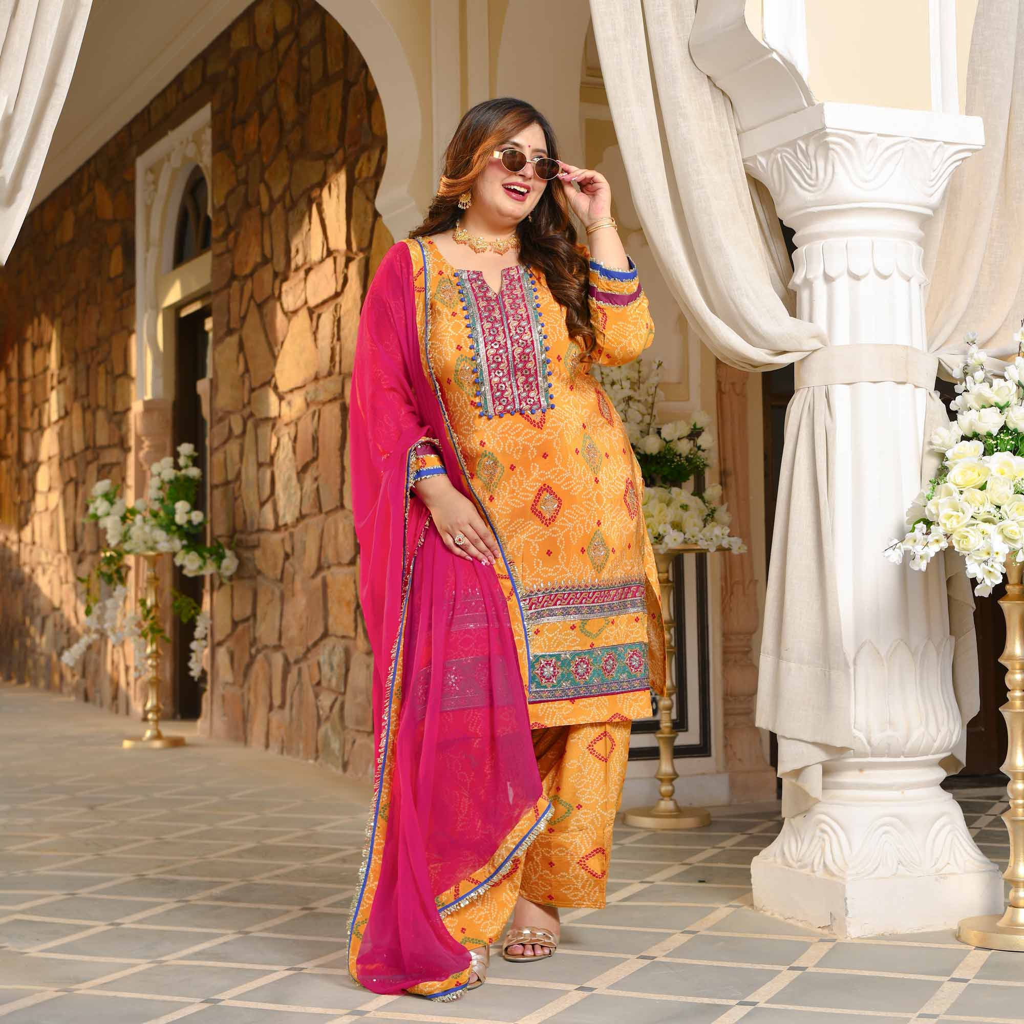 Chokho - Mustard Yellow Fusion Bandhani Pure Crepe Farshi Salwar Set
