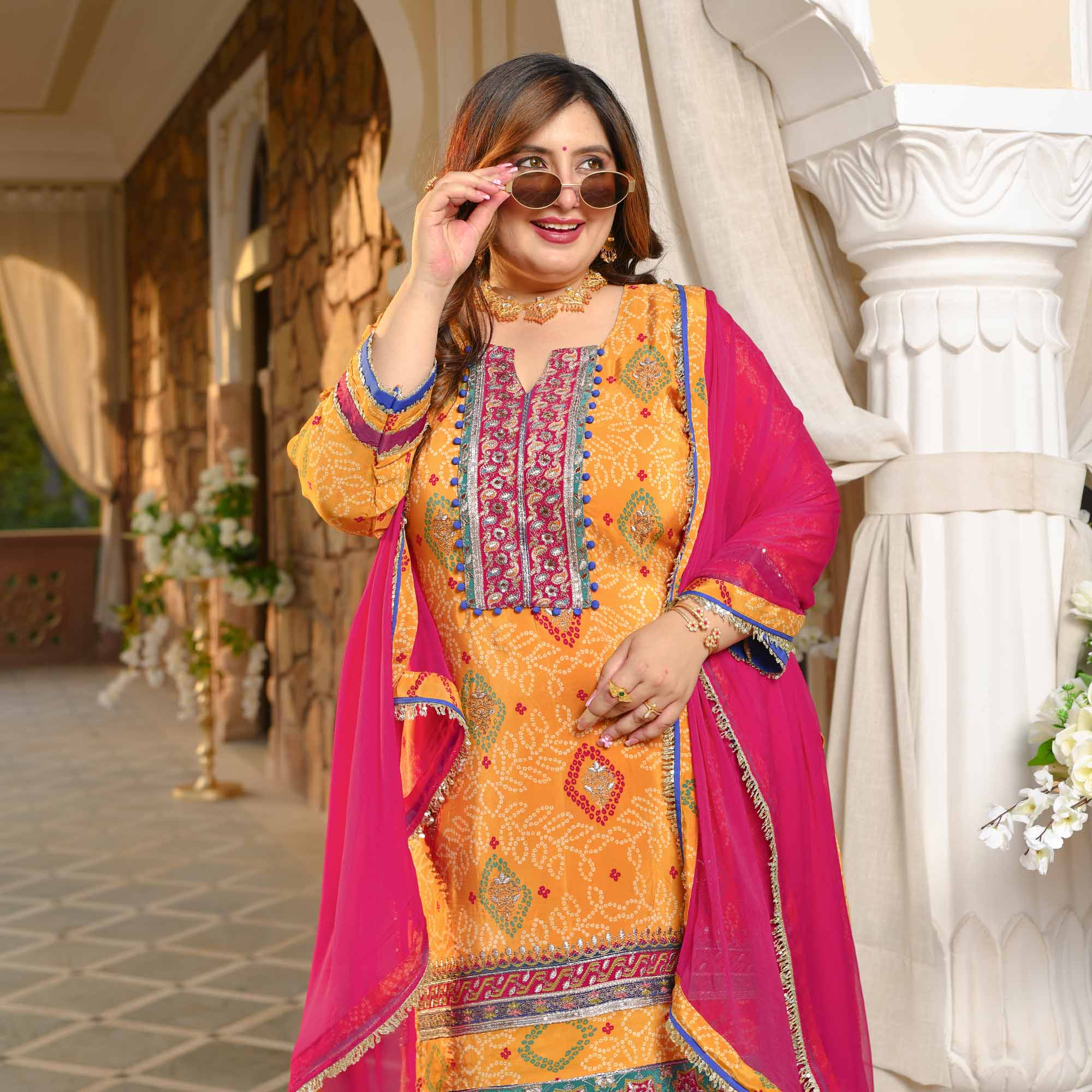 Chokho - Mustard Yellow Fusion Bandhani Pure Crepe Farshi Salwar Set