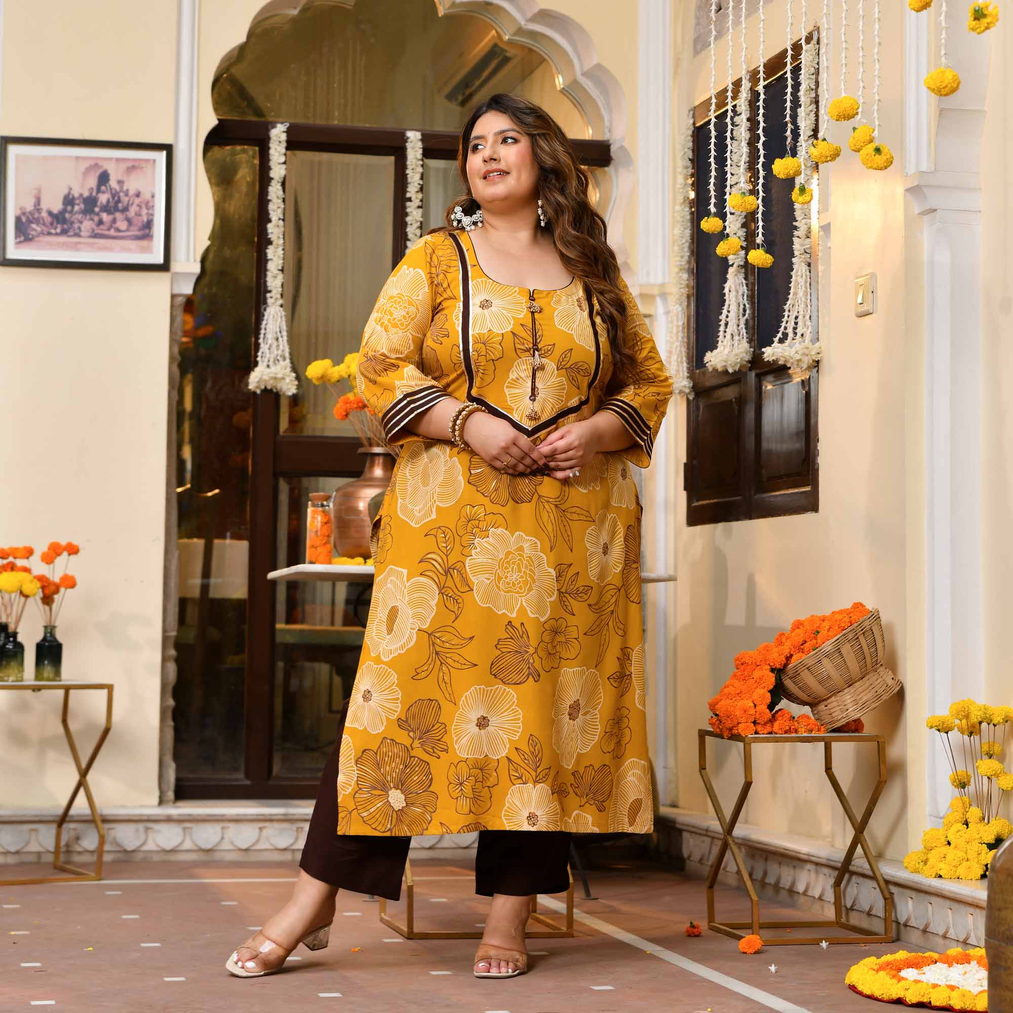 Dhoop- Yellow & Gold Floral Print Rayon Kurta