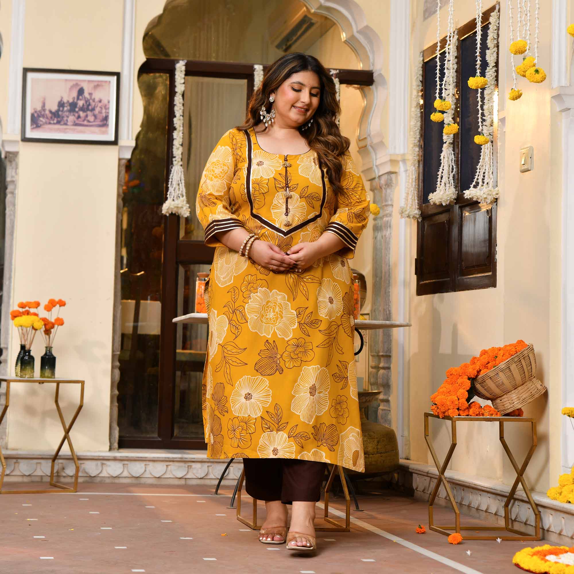 Dhoop- Yellow & Gold Floral Print Rayon Kurta