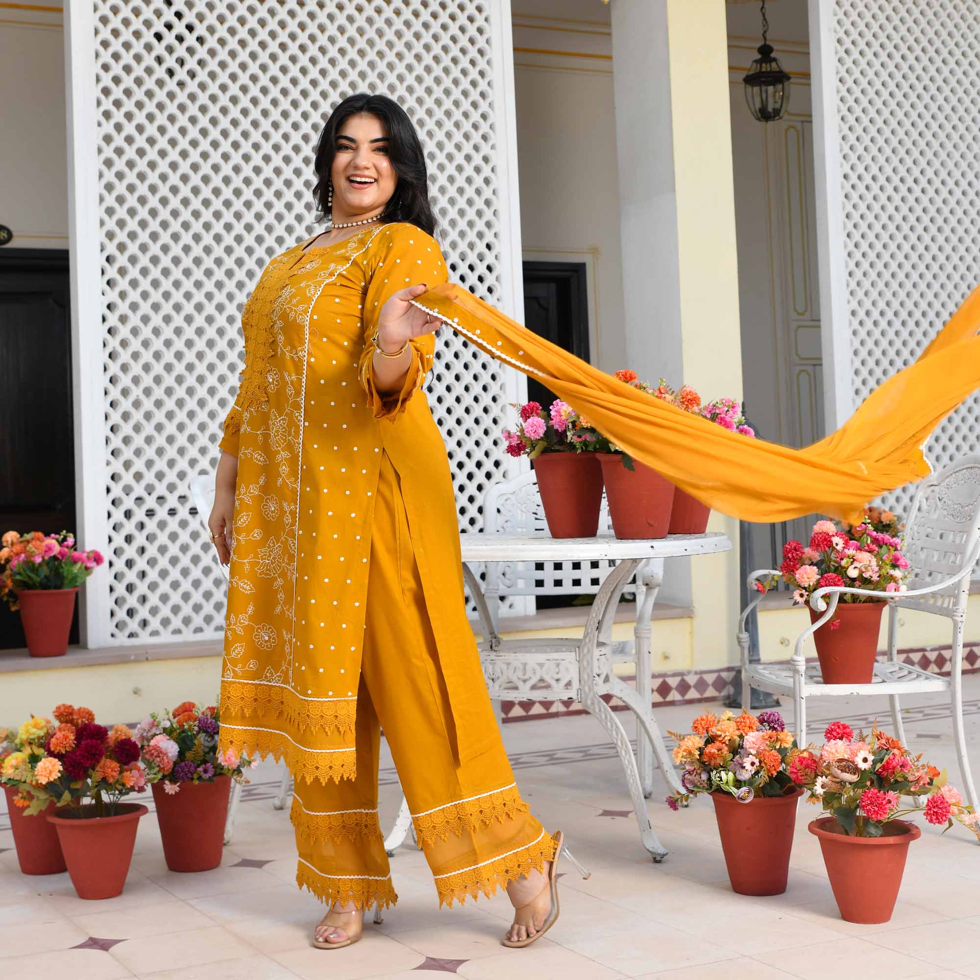 Swarnika- Mustard Yellow Pure Cotton Thread Embroidered Suit Set