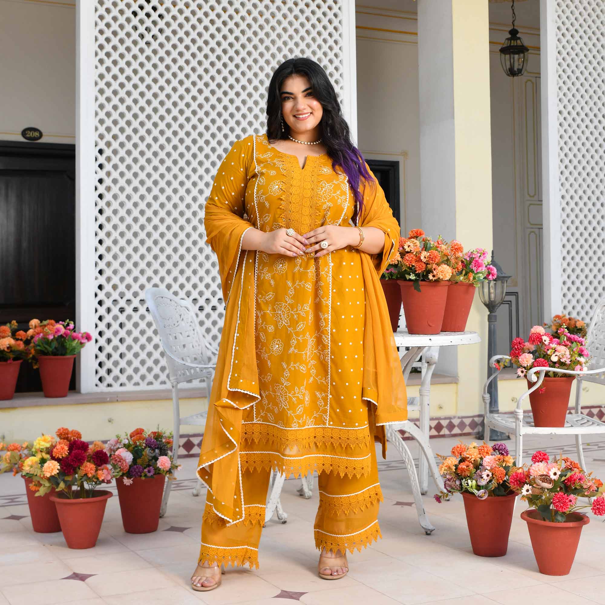 Swarnika- Mustard Yellow Pure Cotton Thread Embroidered Suit Set