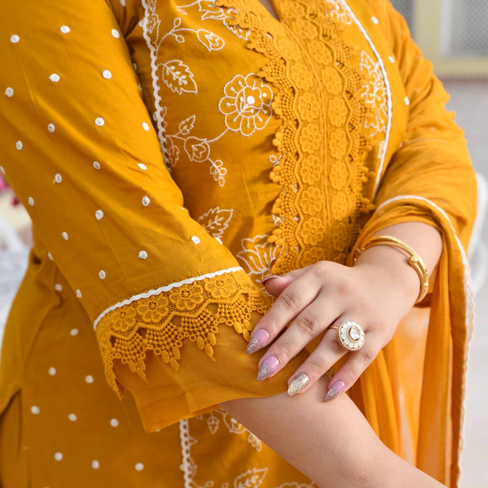 Swarnika- Mustard Yellow Pure Cotton Thread Embroidered Suit Set