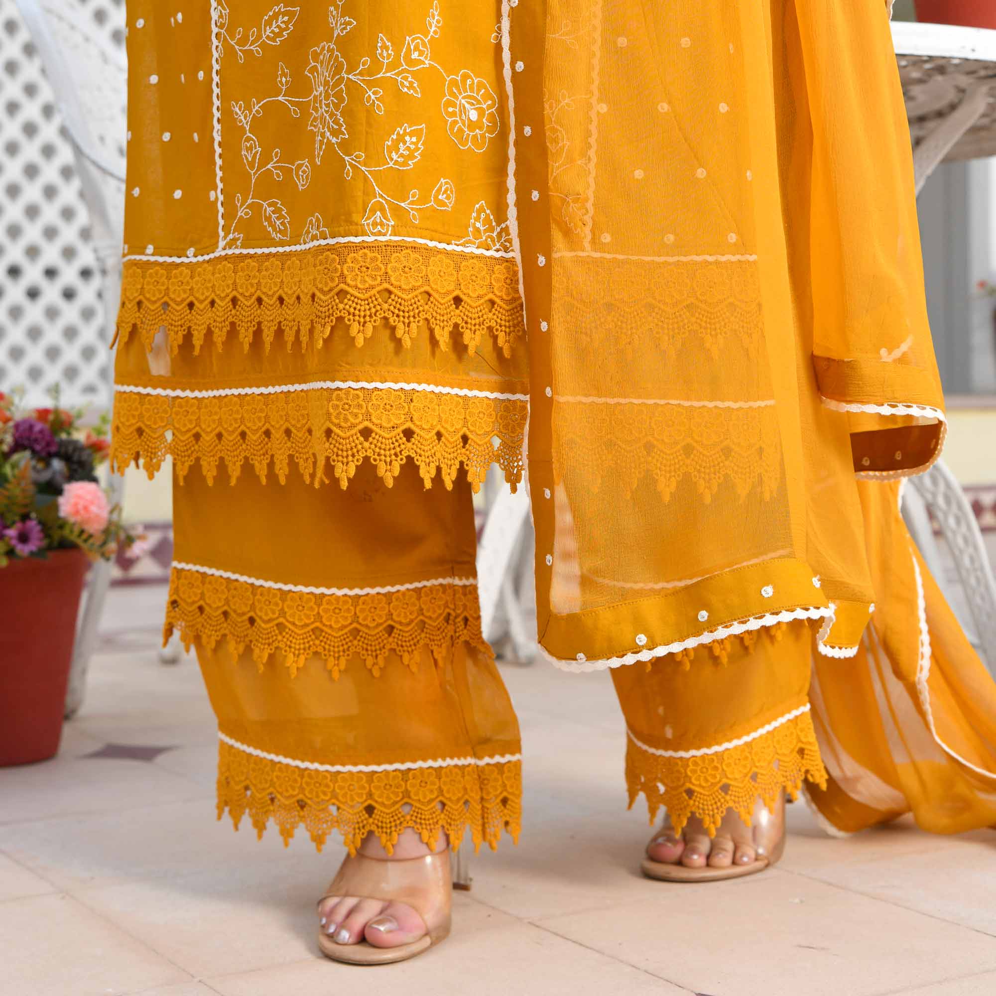 Swarnika- Mustard Yellow Pure Cotton Thread Embroidered Suit Set