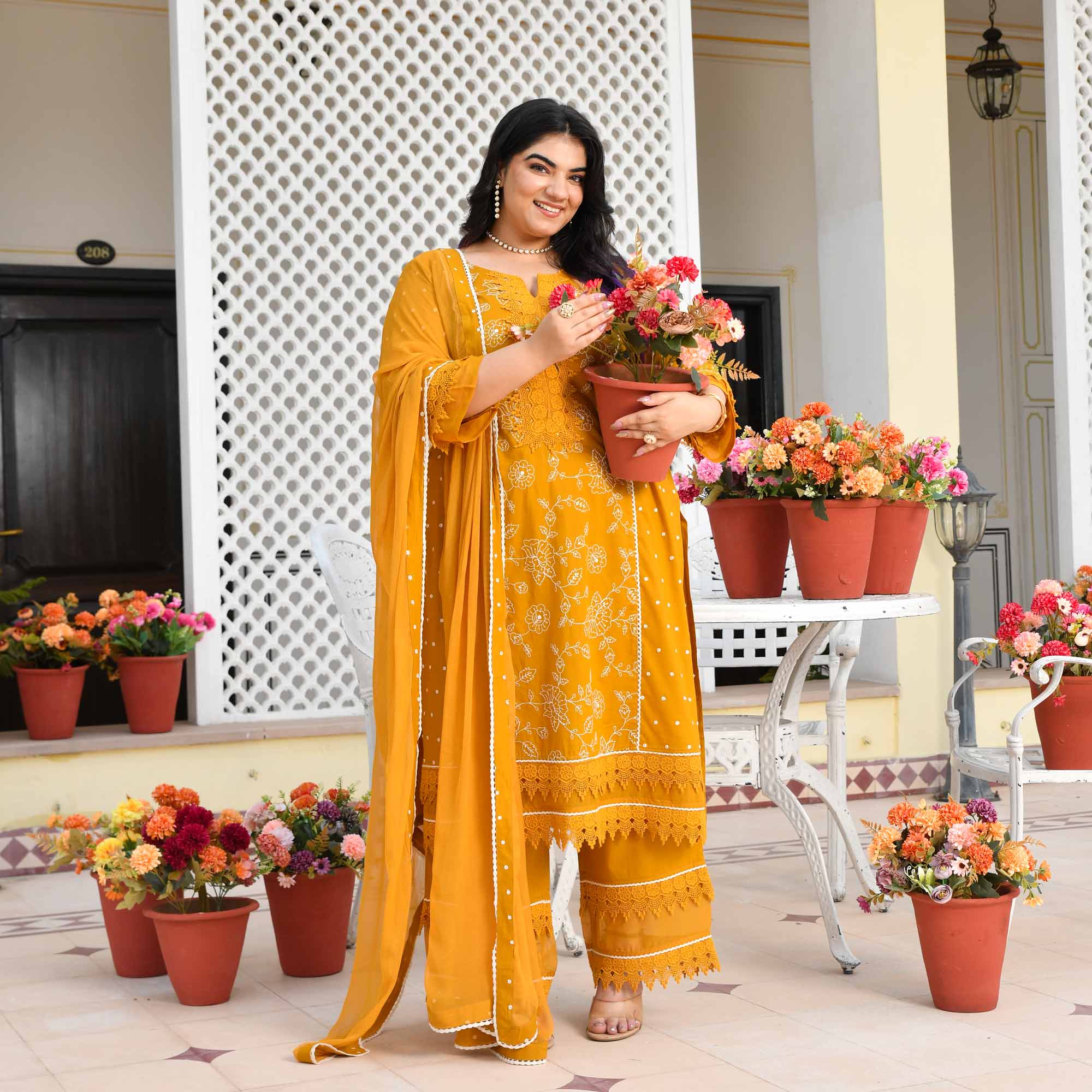 Swarnika- Mustard Yellow Pure Cotton Thread Embroidered Suit Set