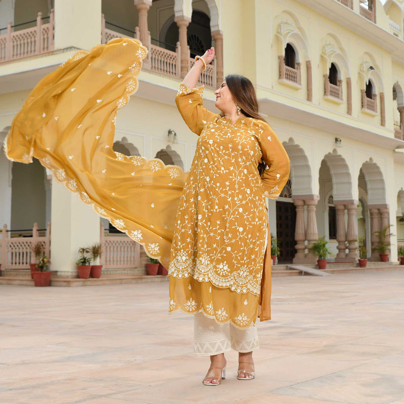 Ivory Spice & Gold Radiance Thread Embroidered Organza Suit Set