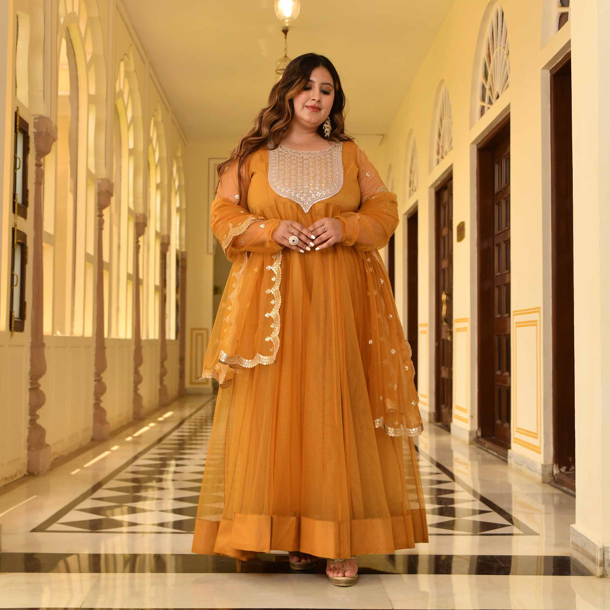 Gold Mesh Glam Tissue Net Anarkali Set