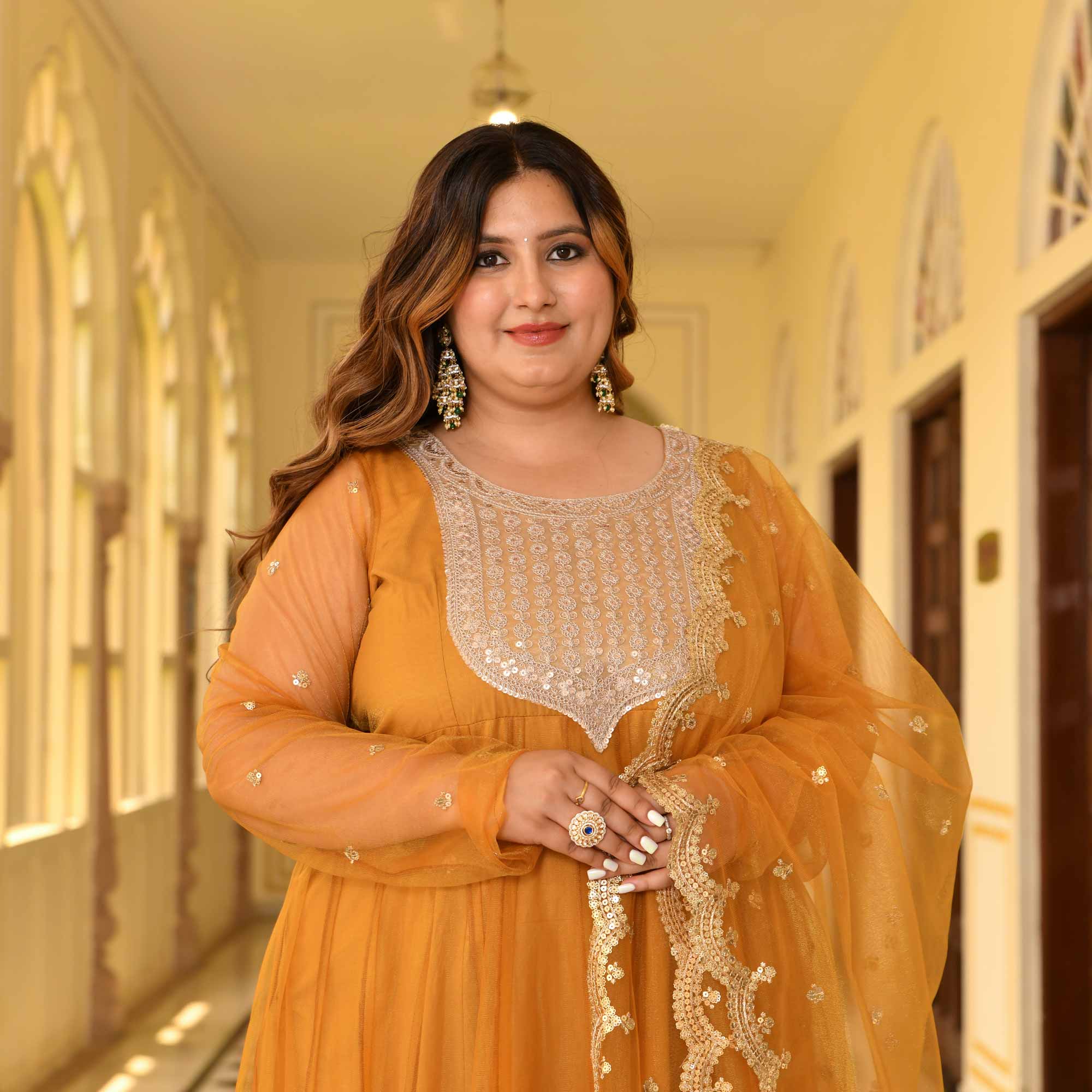 Gold Mesh Glam Tissue Net Anarkali Set