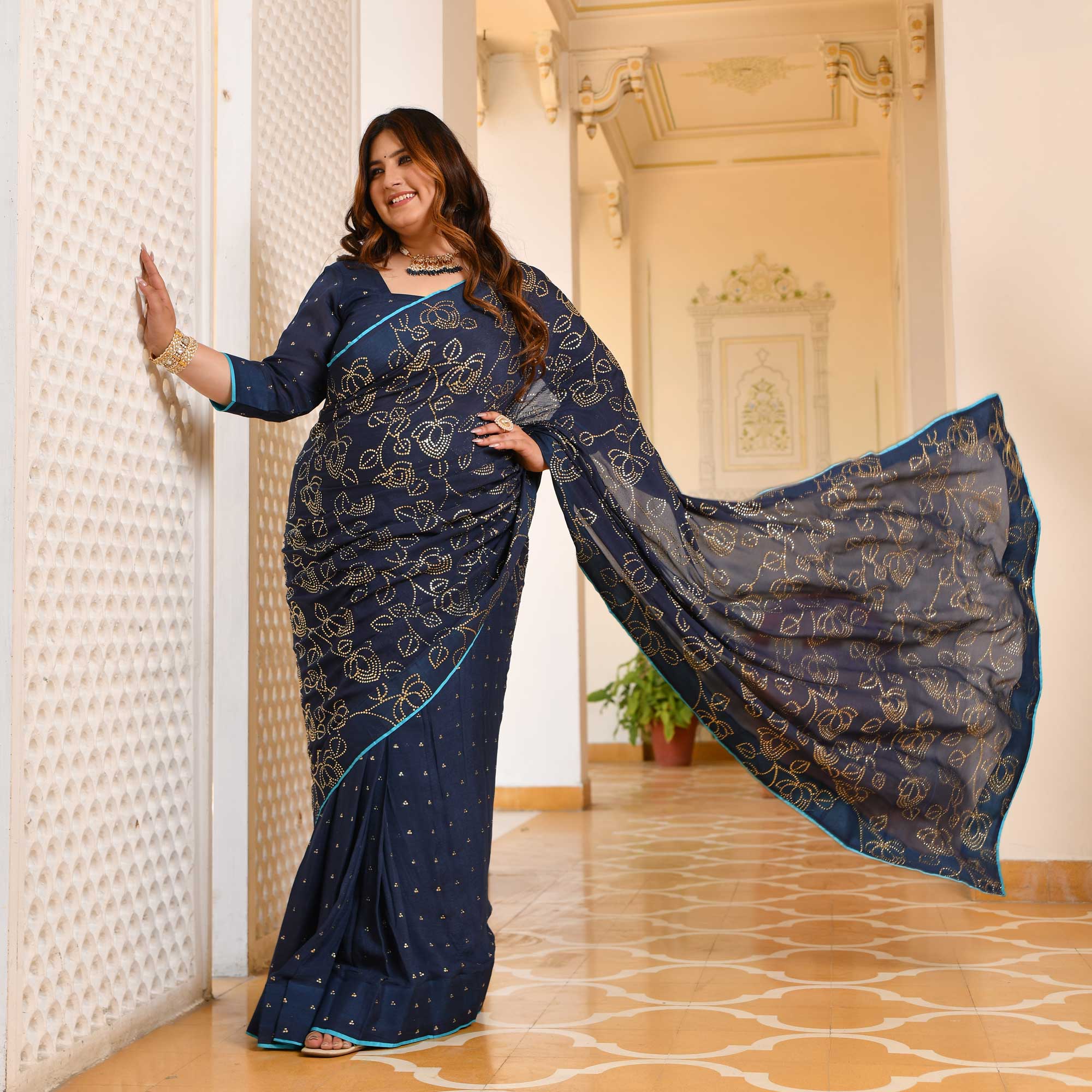 Neel Ratan- Navy Blue & Gold Embroidered Pre-drape Saree Set