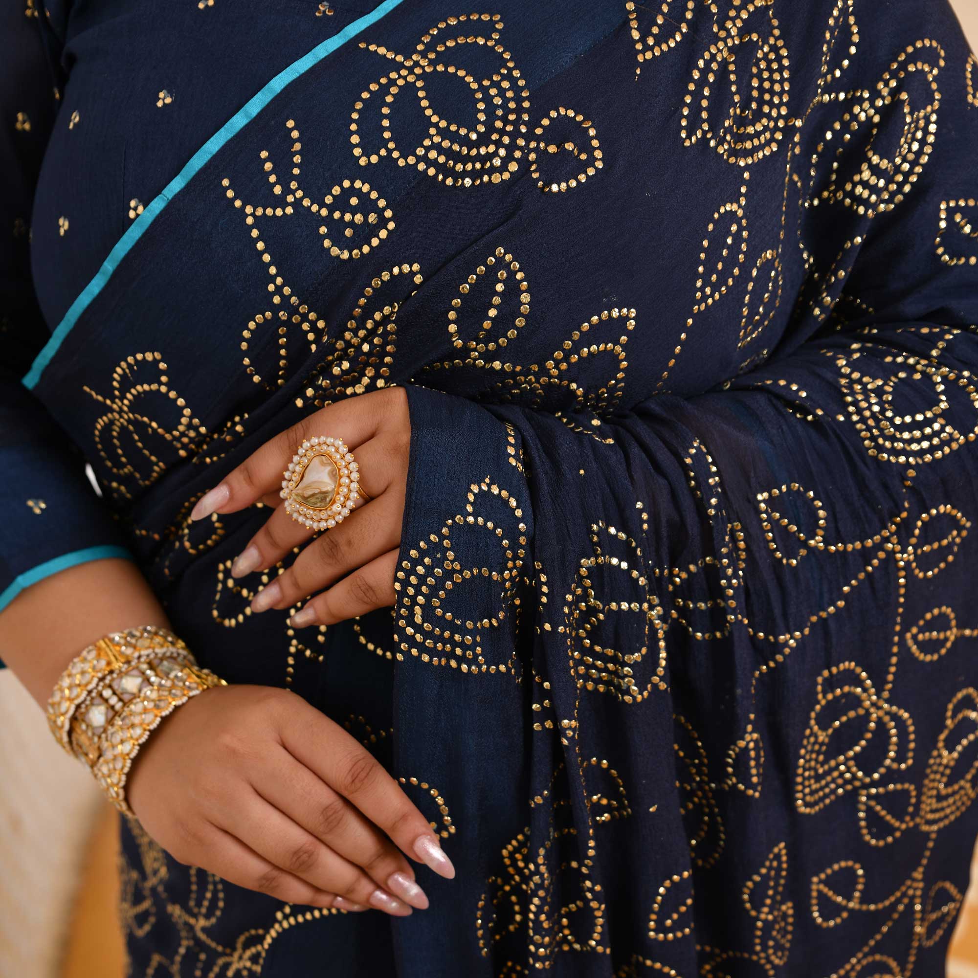 Neel Ratan- Navy Blue & Gold Embroidered Pre-drape Saree Set