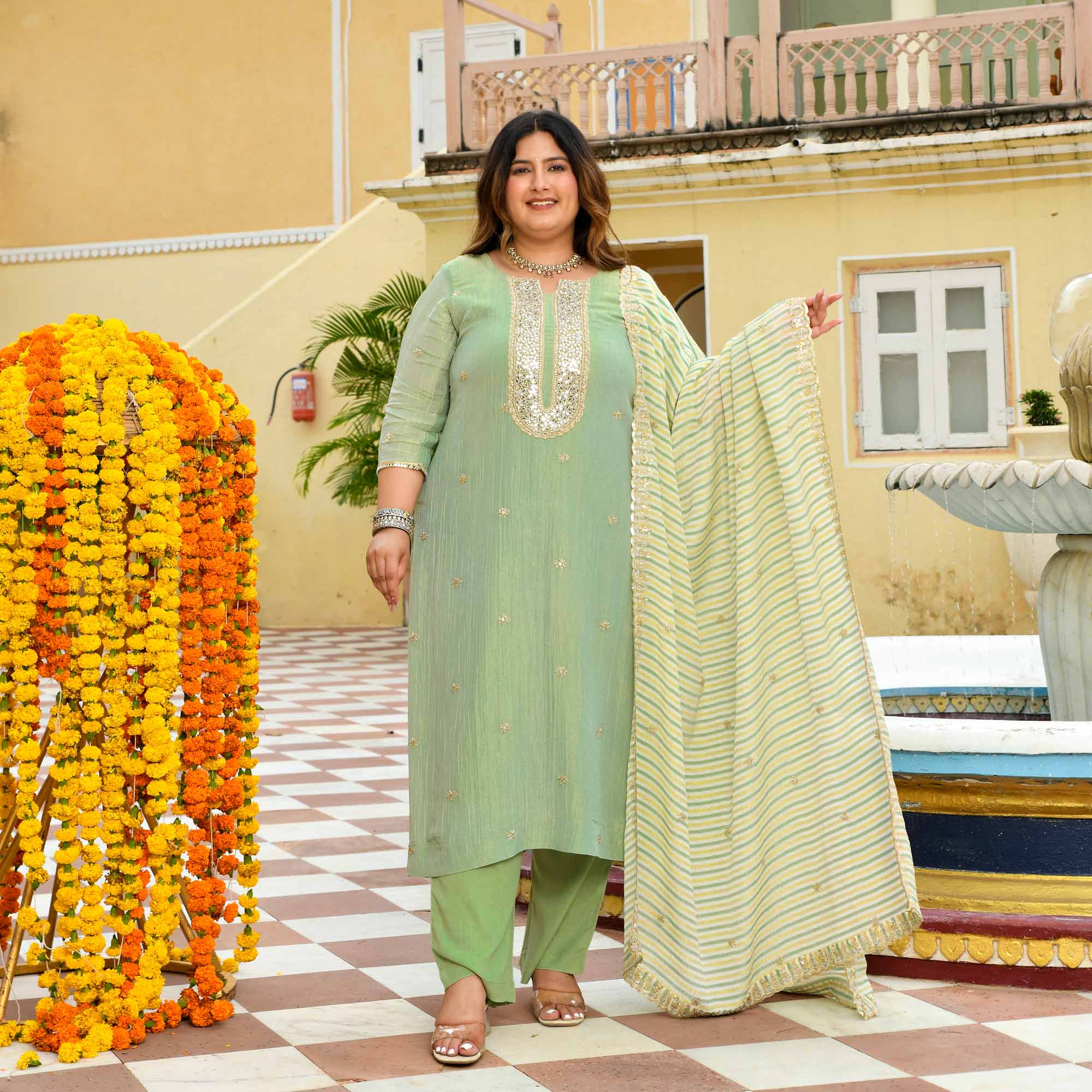 Mrinal - Mint Green Pure Viscose Tissue Crush Cutdana Embroidered Suit Set
