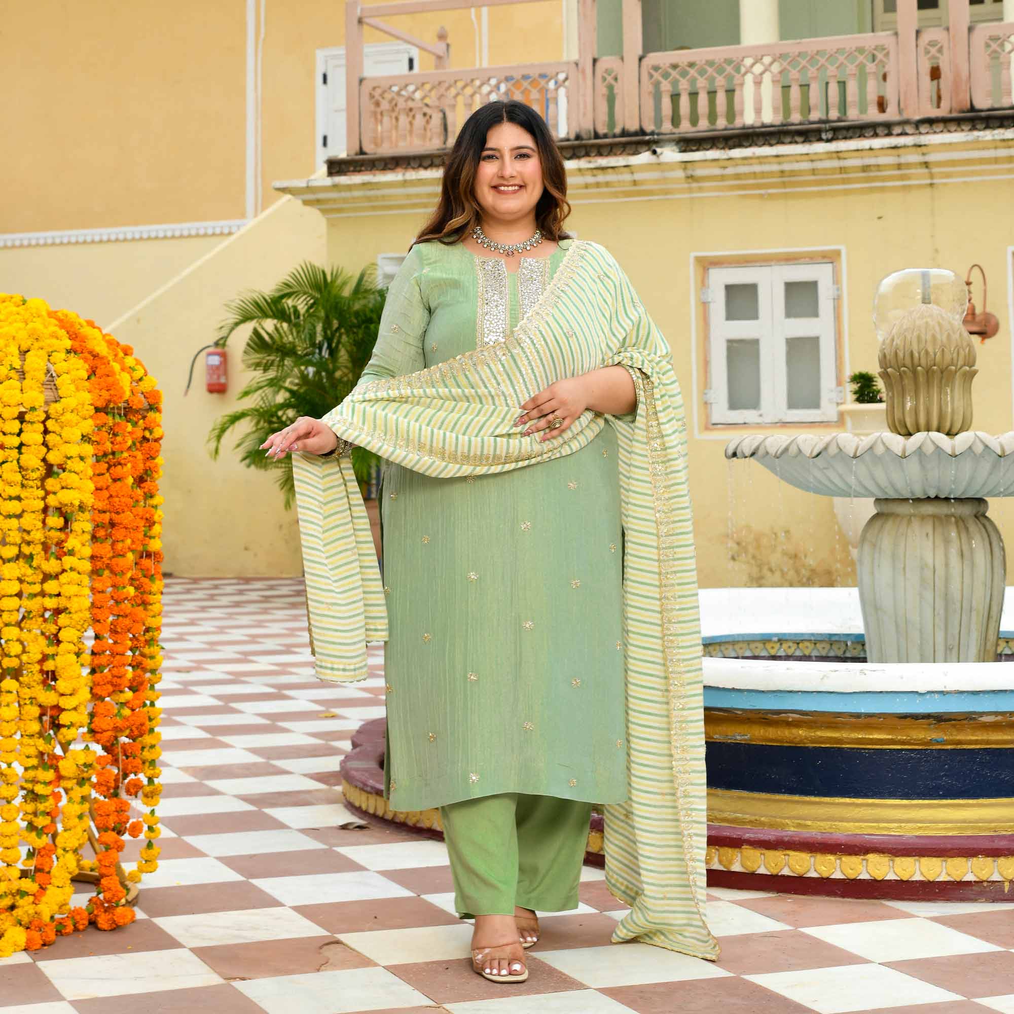 Mrinal - Mint Green Pure Viscose Tissue Crush Cutdana Embroidered Suit Set