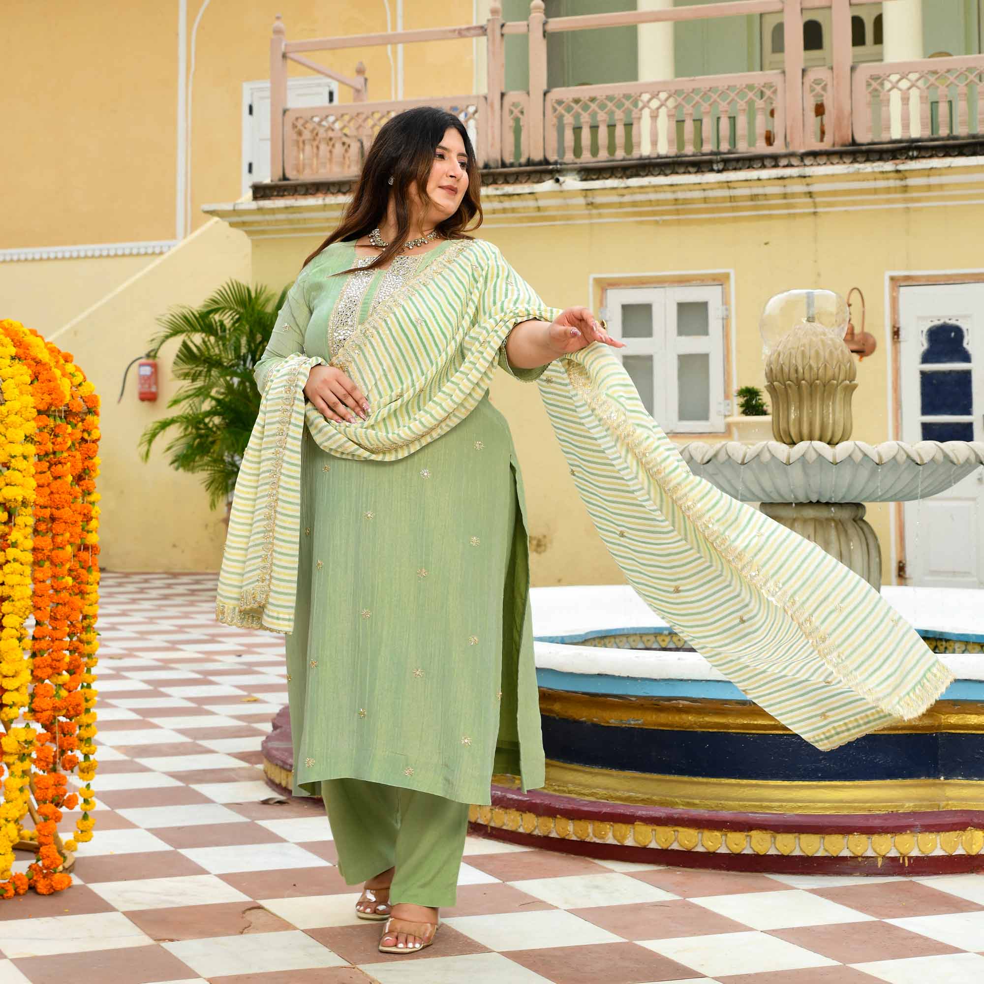 Mrinal - Mint Green Pure Viscose Tissue Crush Cutdana Embroidered Suit Set