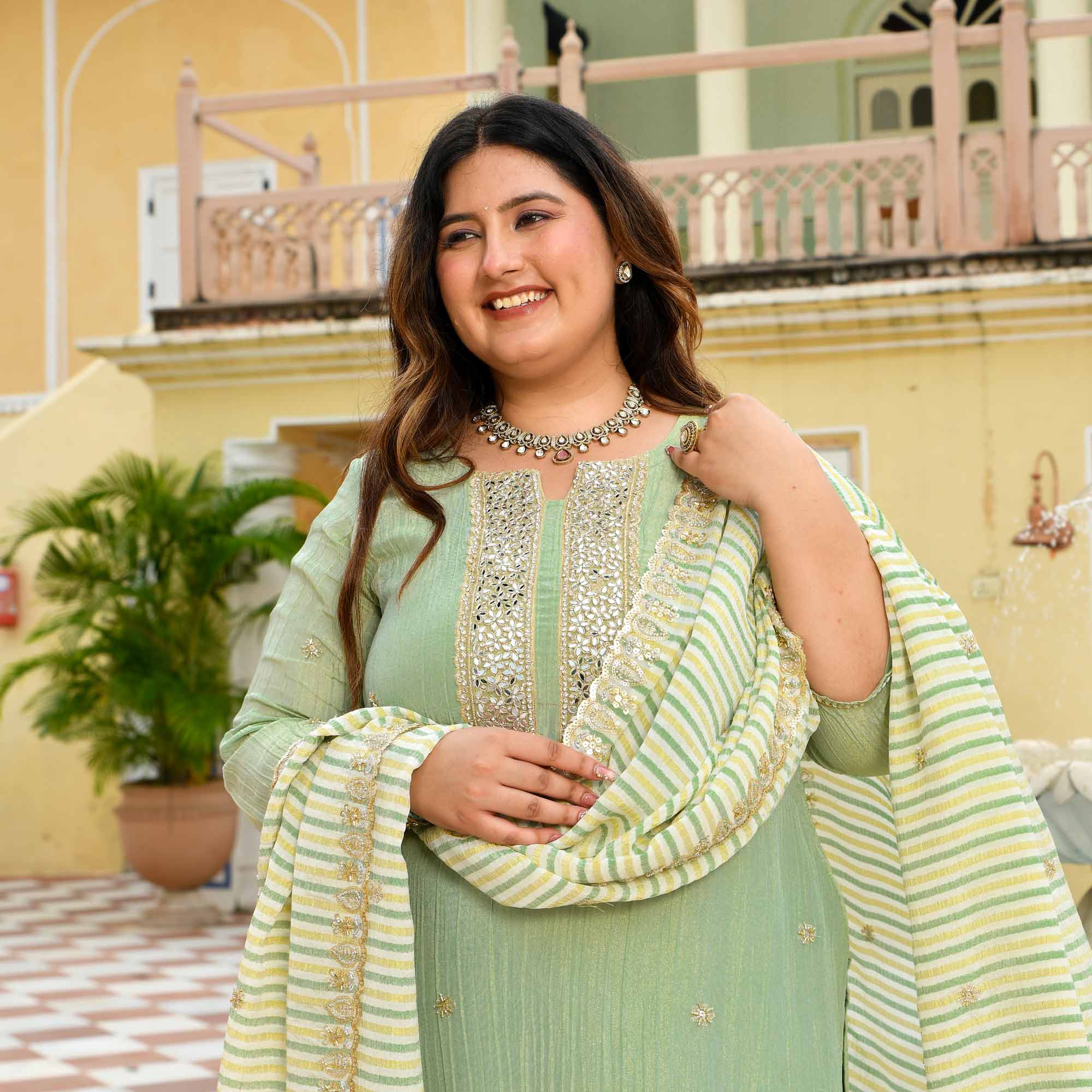 Mrinal - Mint Green Pure Viscose Tissue Crush Cutdana Embroidered Suit Set