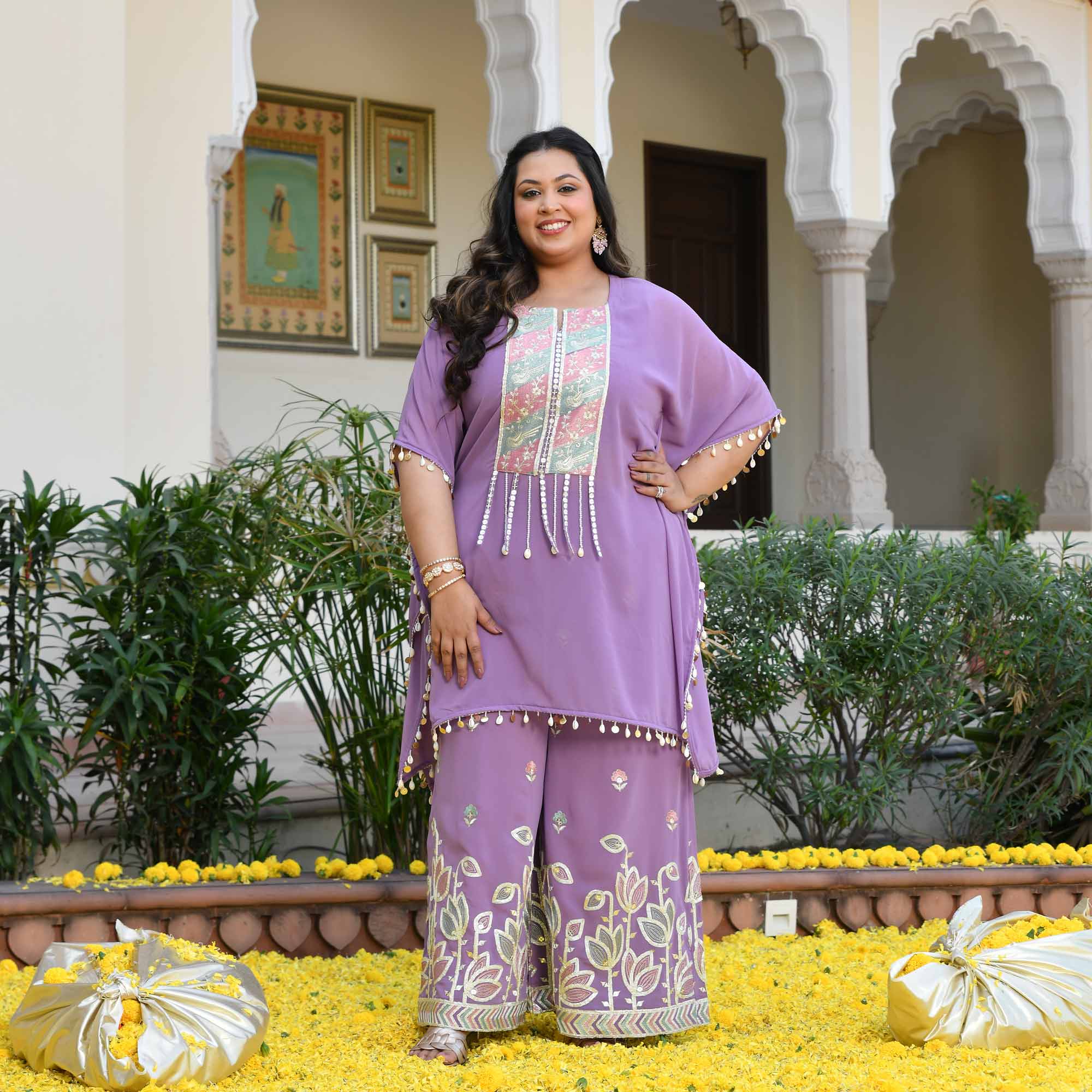 Always You- Lilac Purple Thread & Gota Embroidered Georgette Cape Kaaftan Set