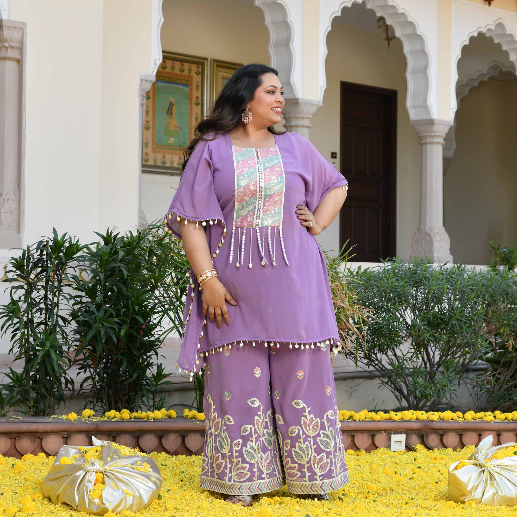 Always You- Lilac Purple Thread & Gota Embroidered Georgette Cape Kaaftan Set