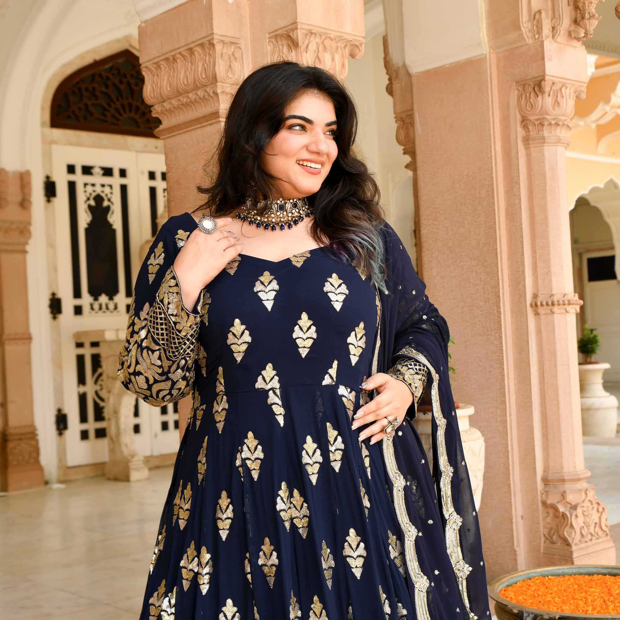 Heera Mahal - Regal Navy Duotone Sequin Embroidery Anarkali set