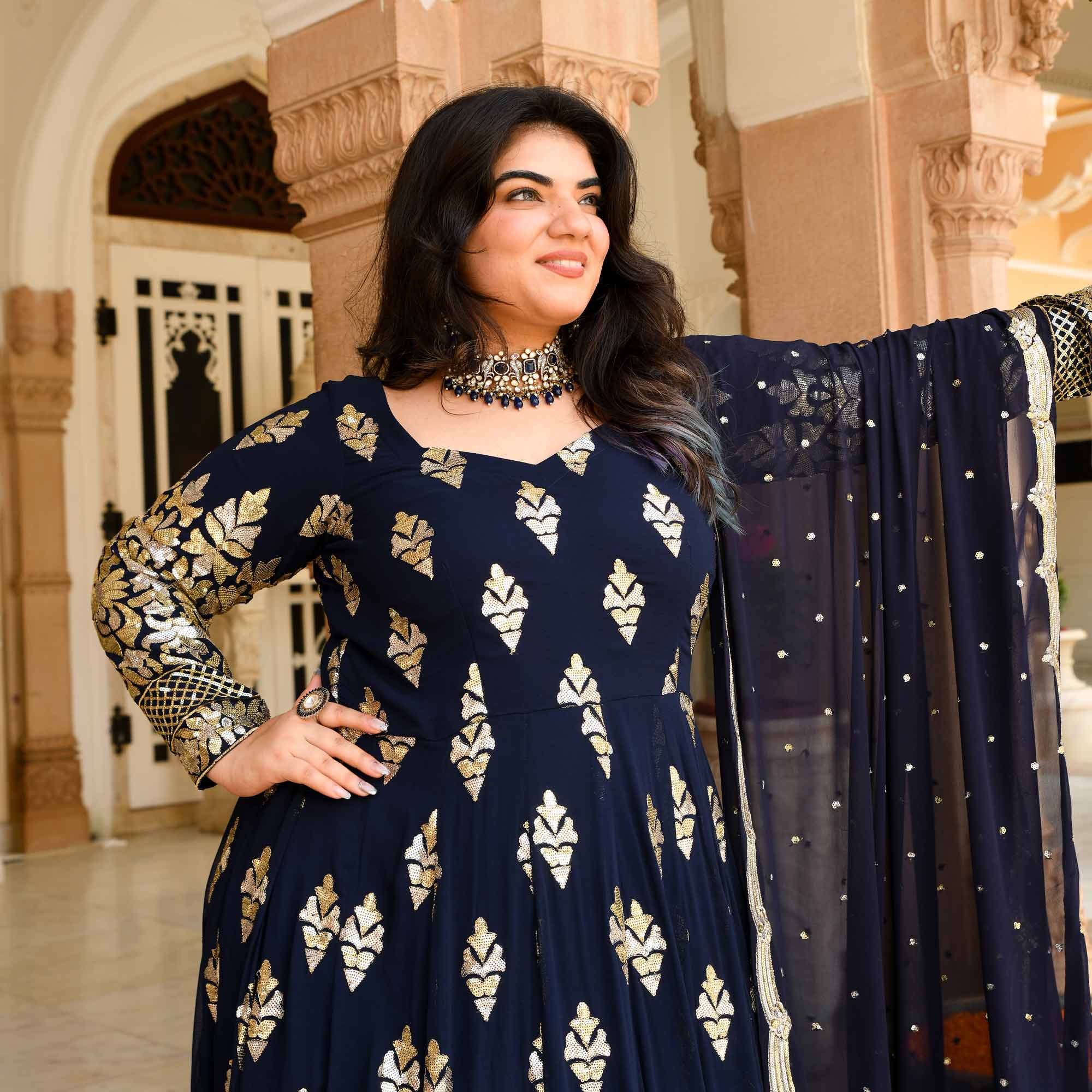 Heera Mahal - Regal Navy Duotone Sequin Embroidery Anarkali set
