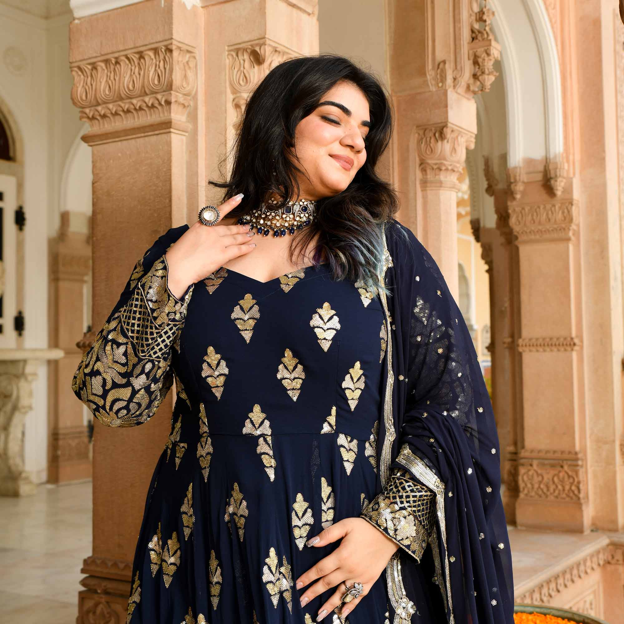 Heera Mahal - Regal Navy Duotone Sequin Embroidery Anarkali set