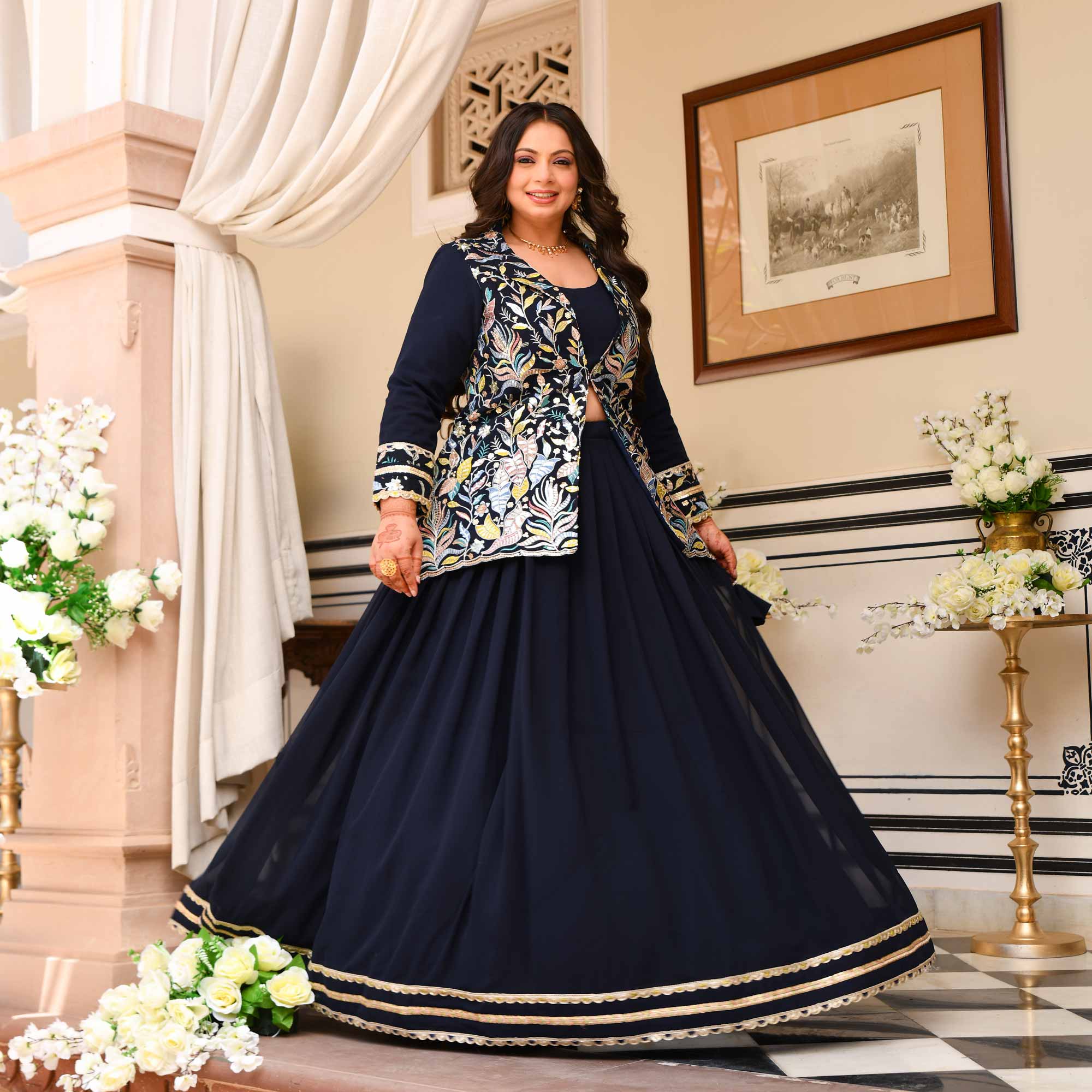 Jennifer- Navy Blue Georgette Thread Embroidered Blazer Lehenga Set
