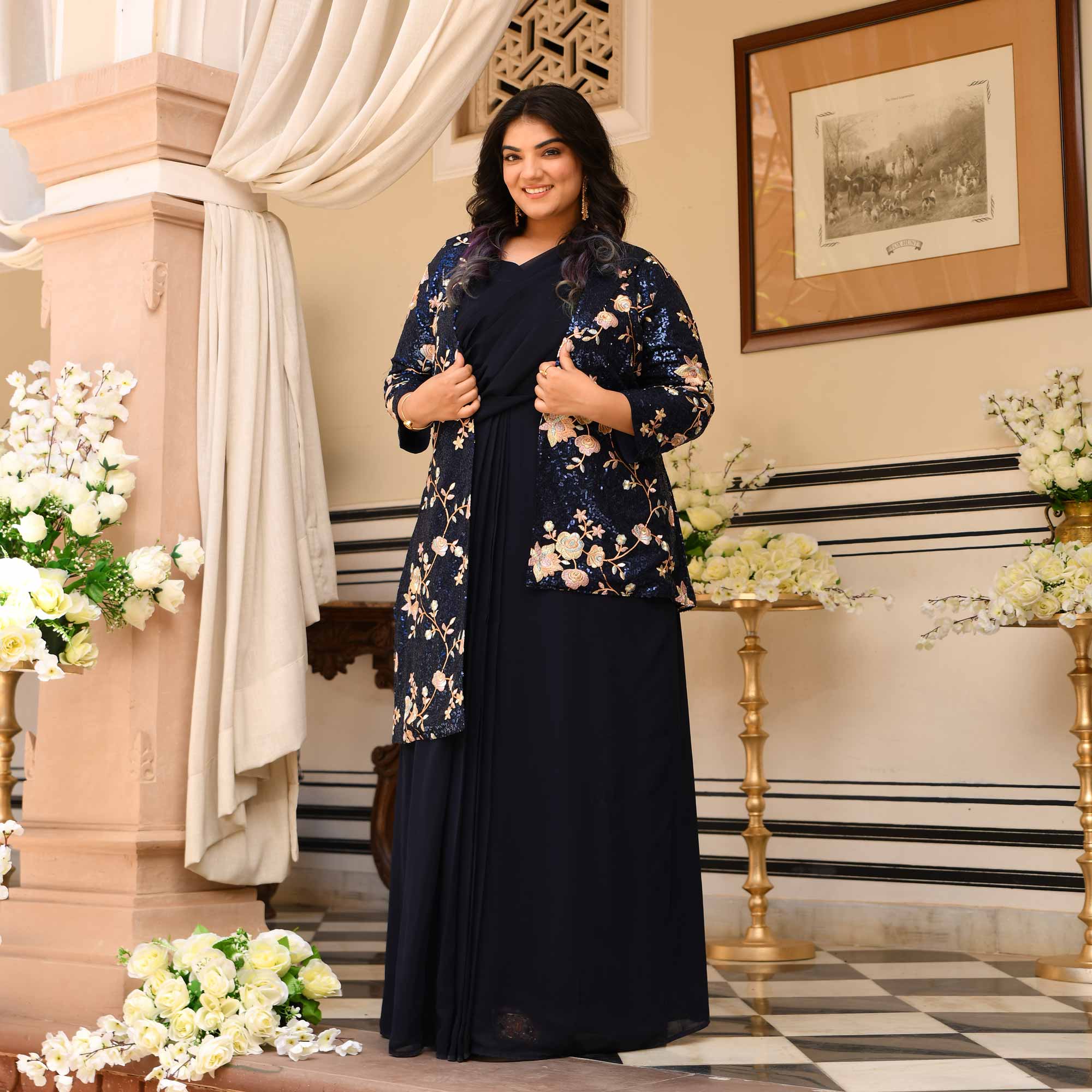 Emilie - Navy Blue Georgette Drape Saree Dress with Sequin Embroidered Blazer