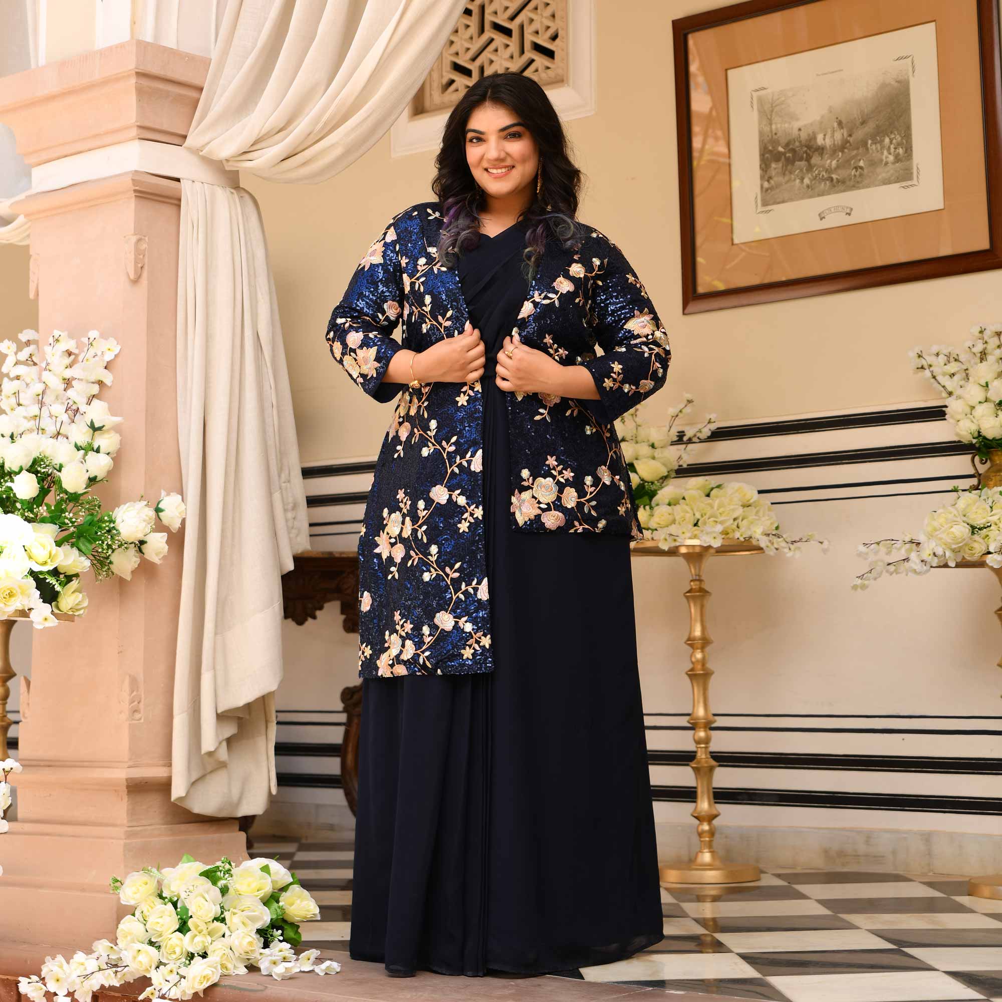 Emilie - Navy Blue Georgette Drape Saree Dress with Sequin Embroidered Blazer