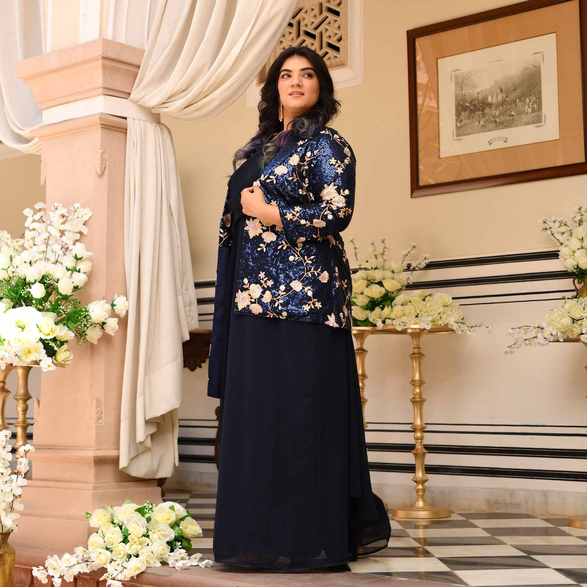 Emilie - Navy Blue Georgette Drape Saree Dress with Sequin Embroidered Blazer