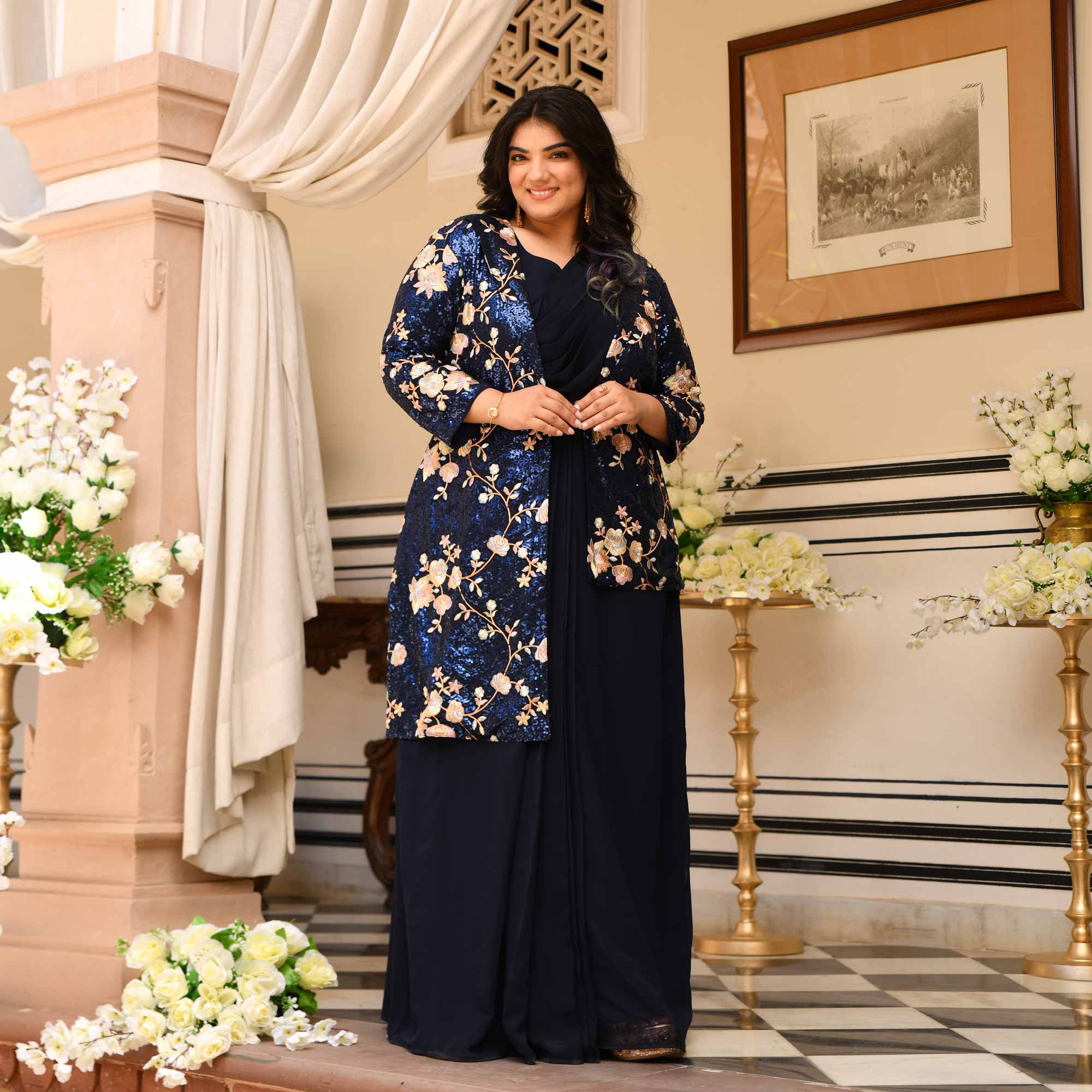 Emilie - Navy Blue Georgette Drape Saree Dress with Sequin Embroidered Blazer