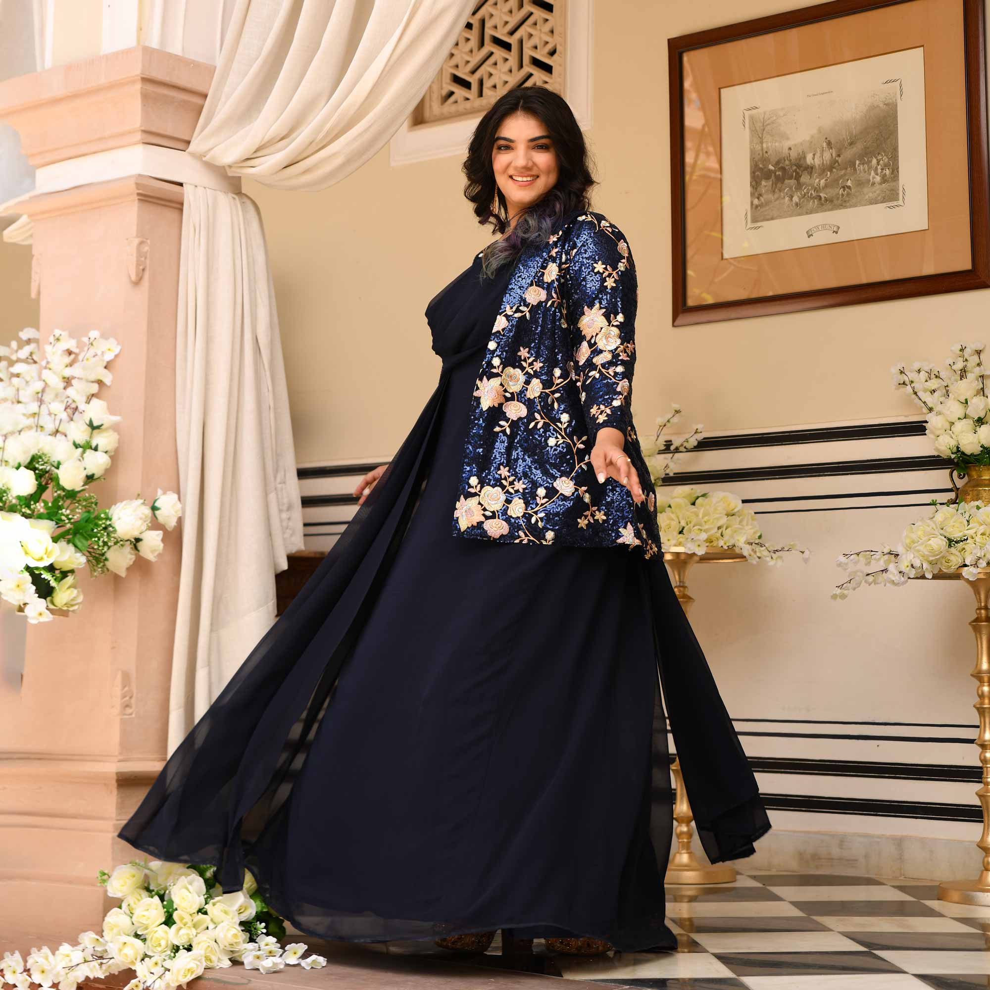Emilie - Navy Blue Georgette Drape Saree Dress with Sequin Embroidered Blazer