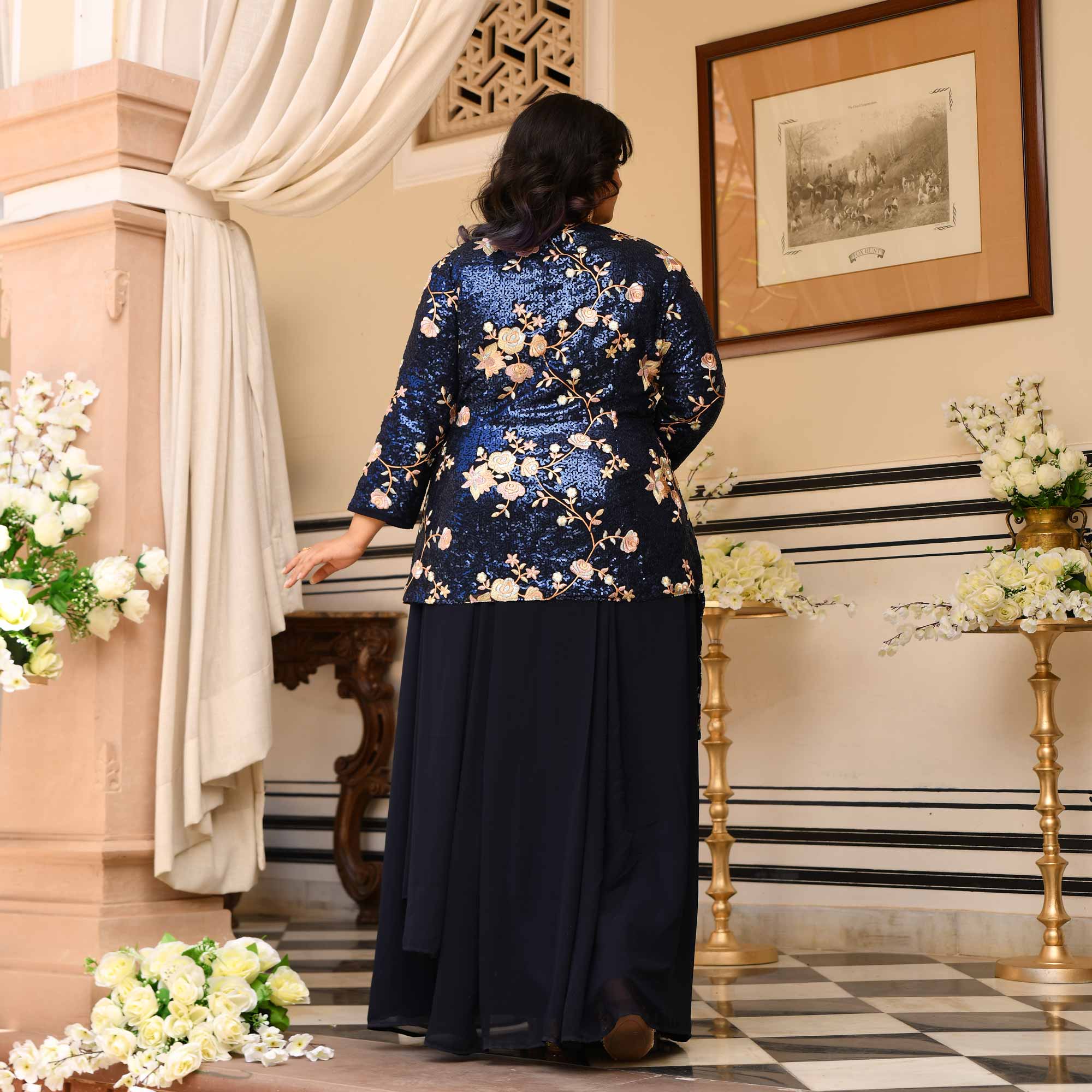 Emilie - Navy Blue Georgette Drape Saree Dress with Sequin Embroidered Blazer