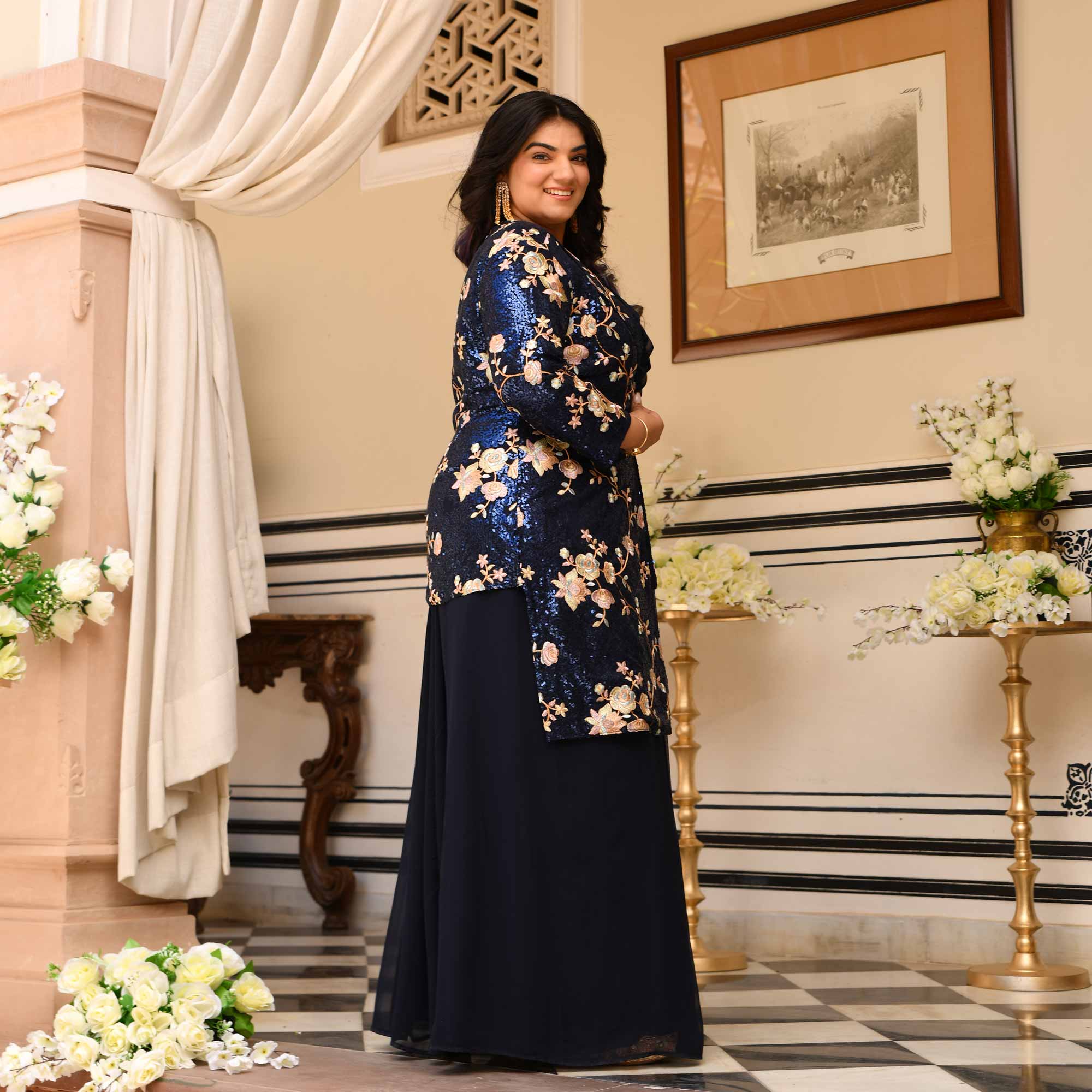 Emilie - Navy Blue Georgette Drape Saree Dress with Sequin Embroidered Blazer