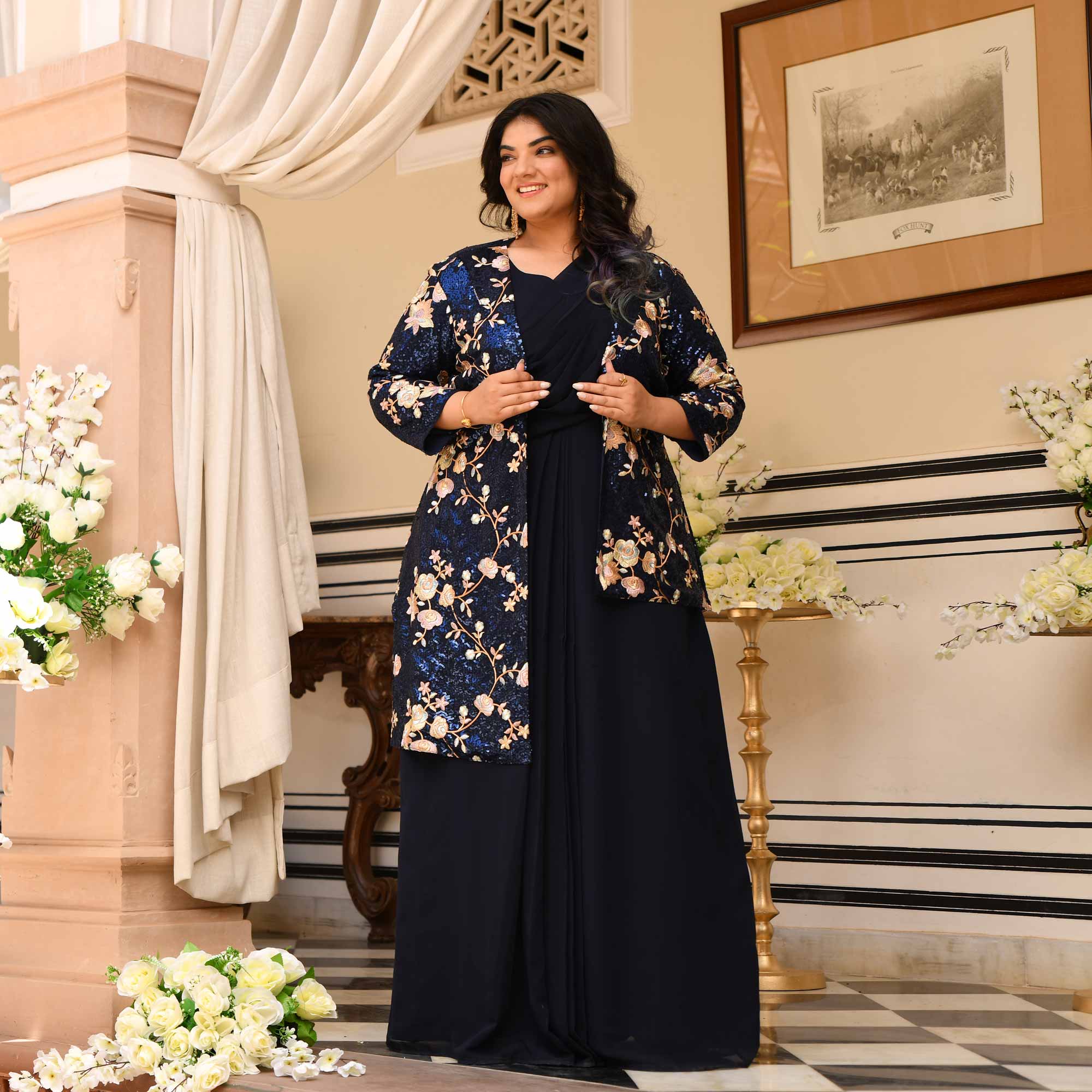 Emilie - Navy Blue Georgette Drape Saree Dress with Sequin Embroidered Blazer