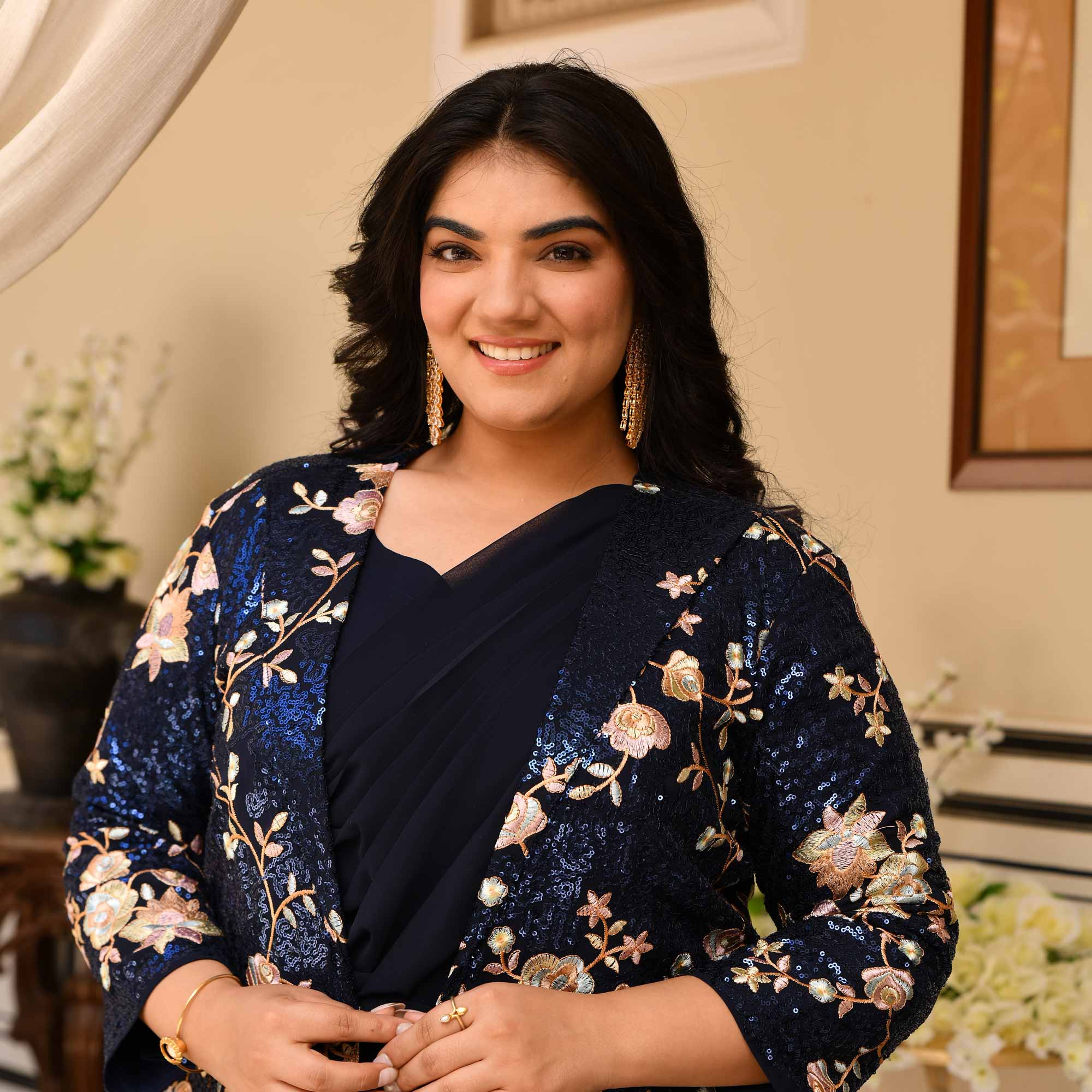 Emilie - Navy Blue Georgette Drape Saree Dress with Sequin Embroidered Blazer