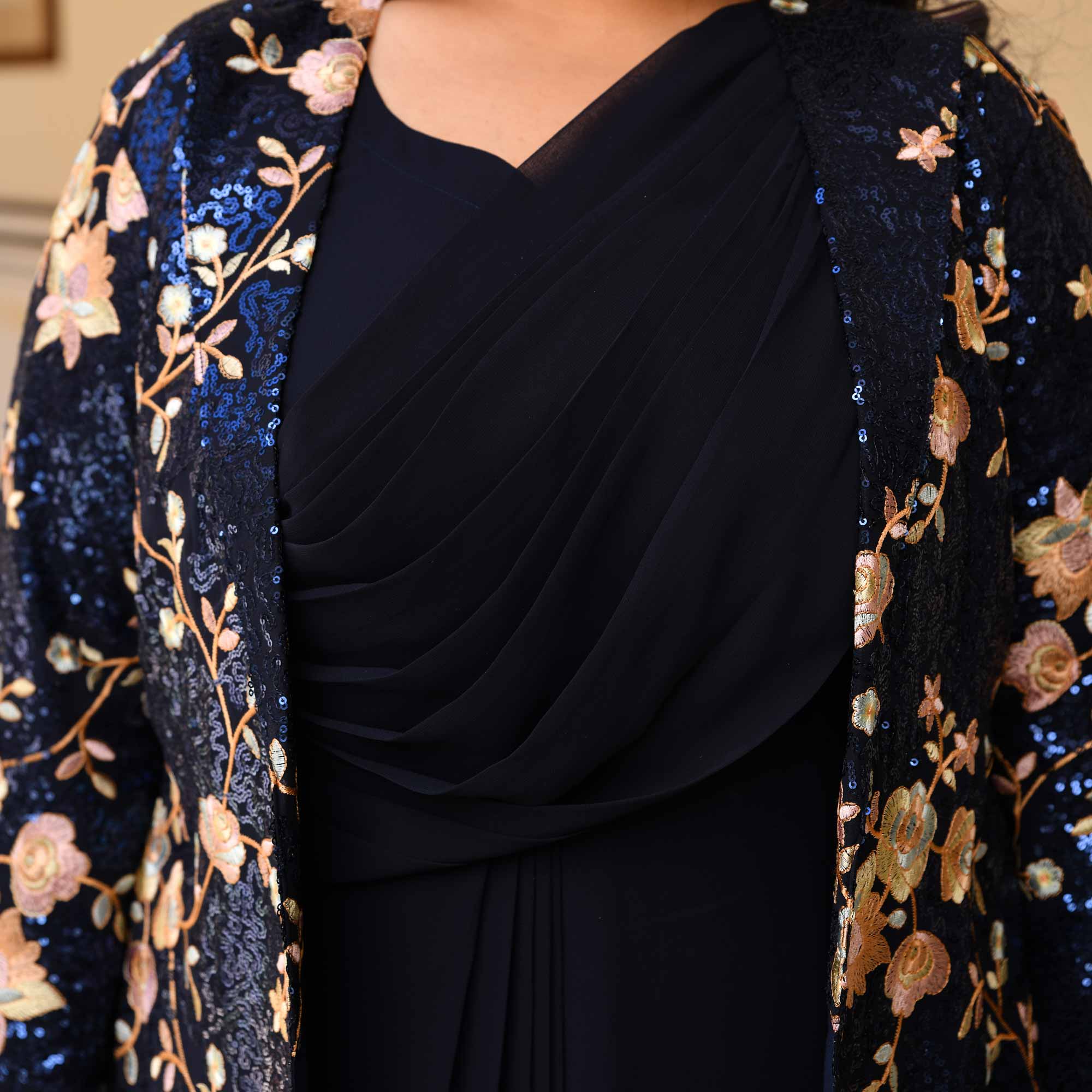 Emilie - Navy Blue Georgette Drape Saree Dress with Sequin Embroidered Blazer