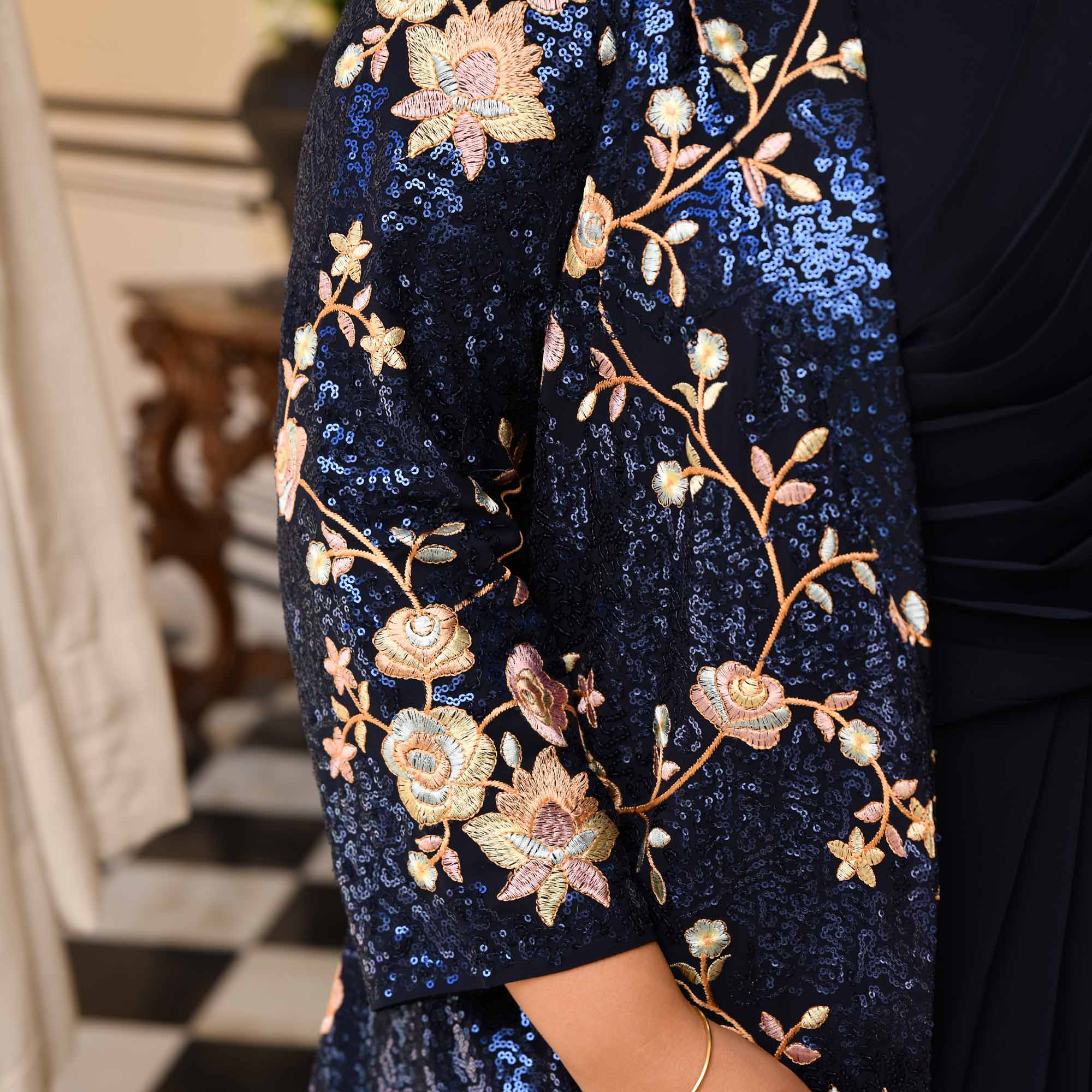 Emilie - Navy Blue Georgette Drape Saree Dress with Sequin Embroidered Blazer
