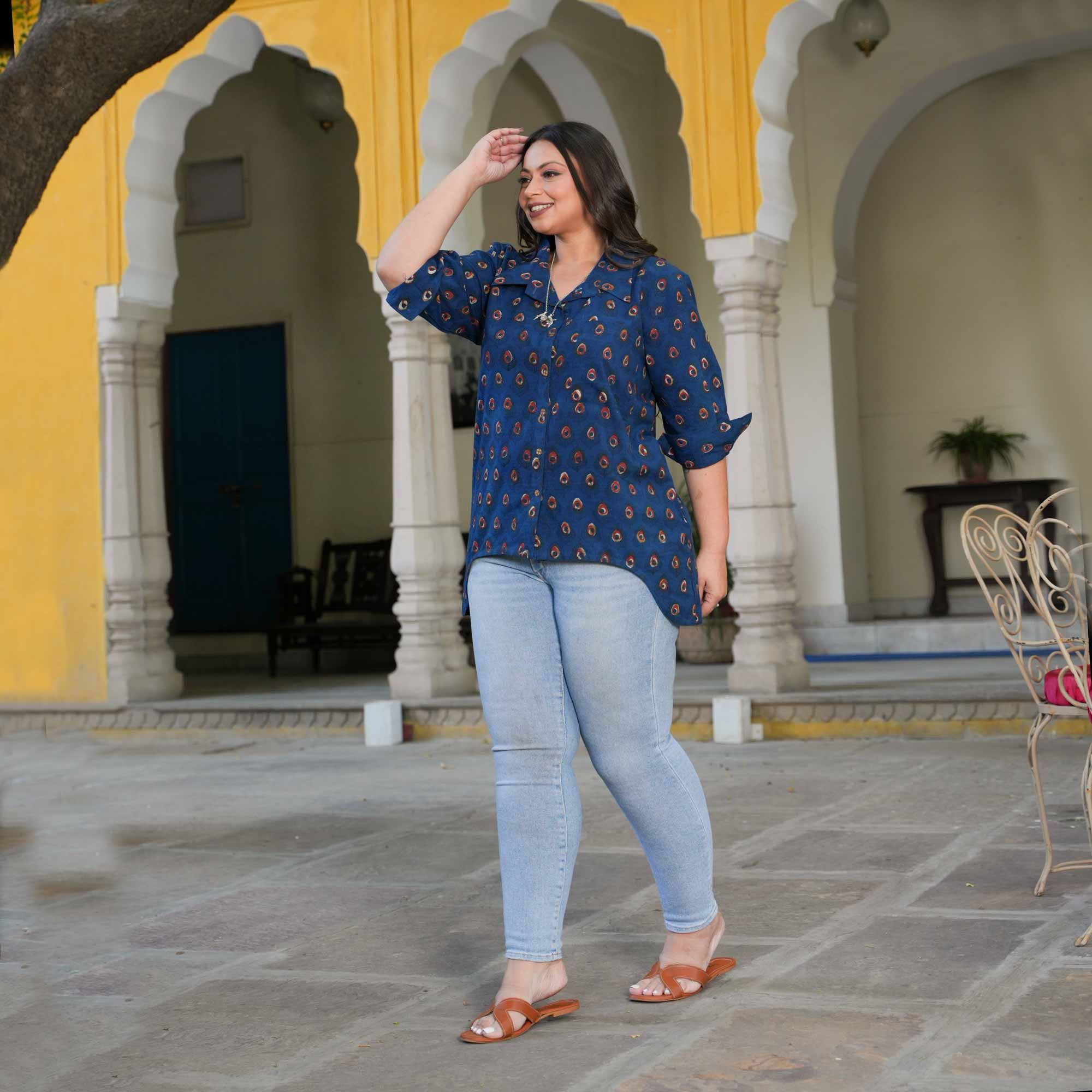 Indigo Peacock Handblock Printed Assymetrical Cotton Shirt