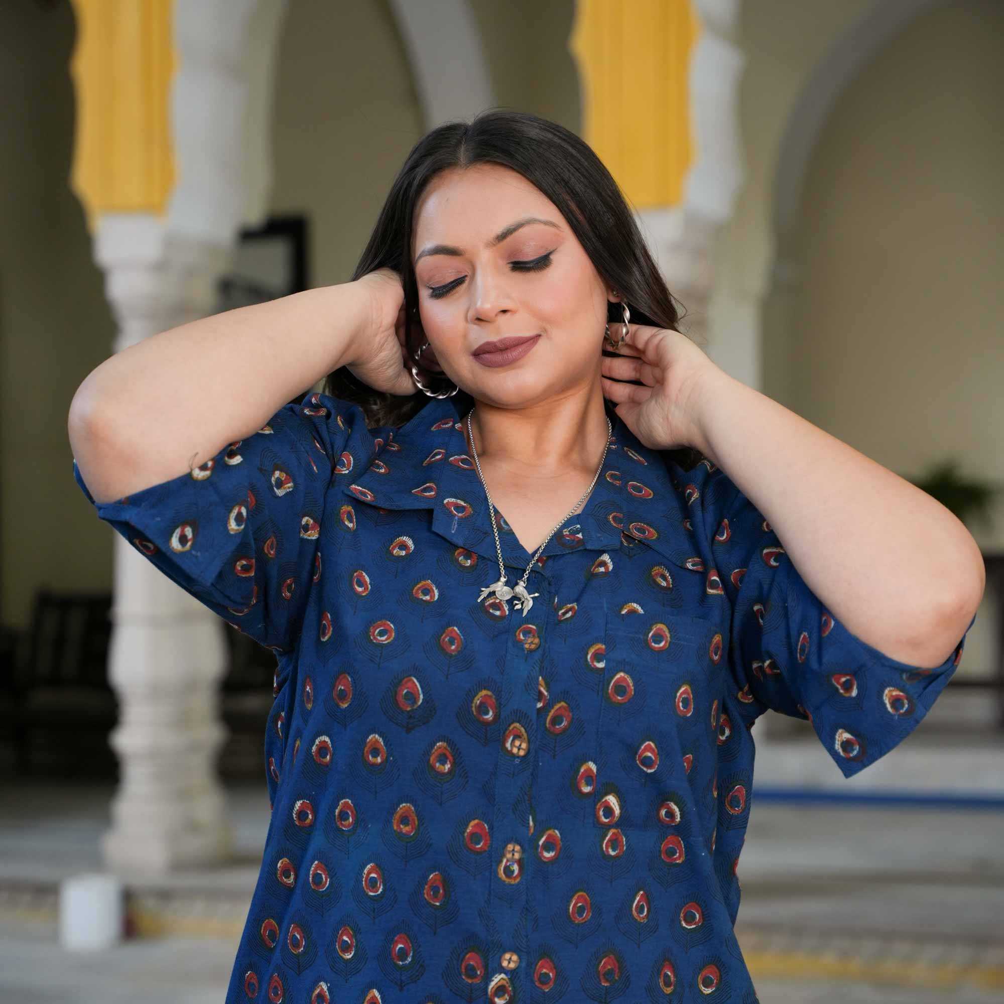 Indigo Peacock Handblock Printed Assymetrical Cotton Shirt