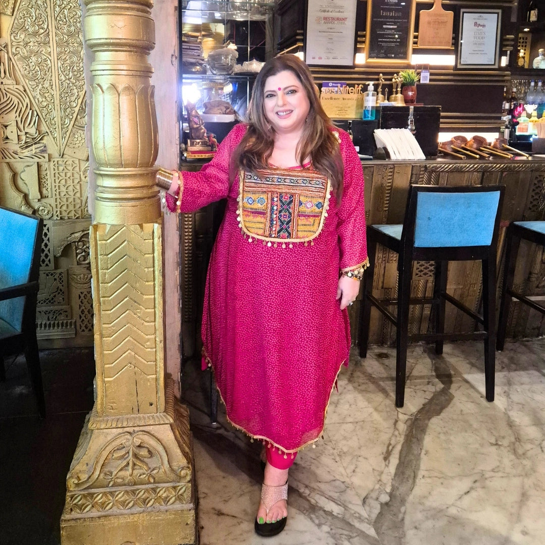 Bindiya- Dark Pink Chiffon Kutch Hand Embroidered Kurta