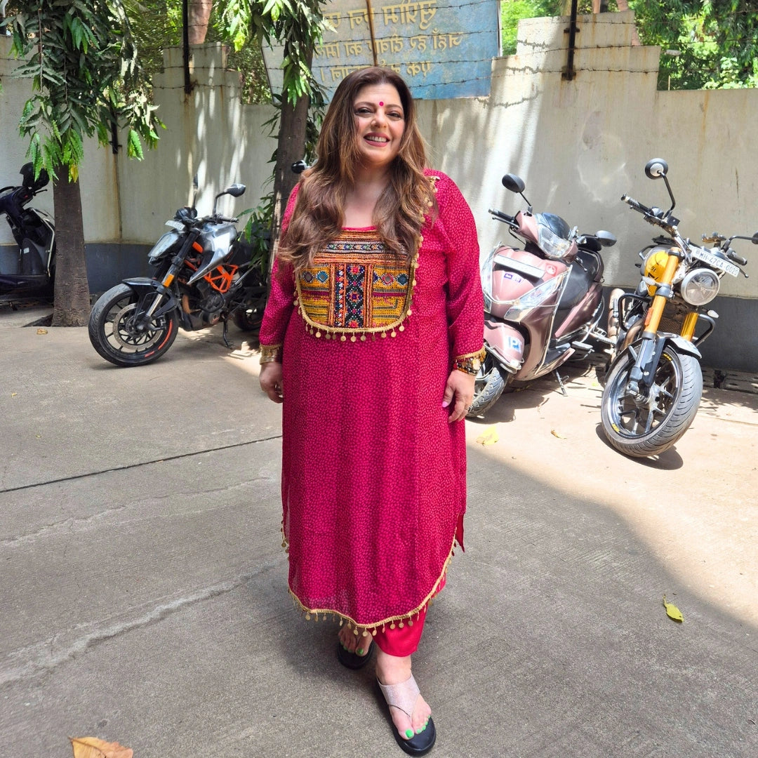 Bindiya- Dark Pink Chiffon Kutch Hand Embroidered Kurta