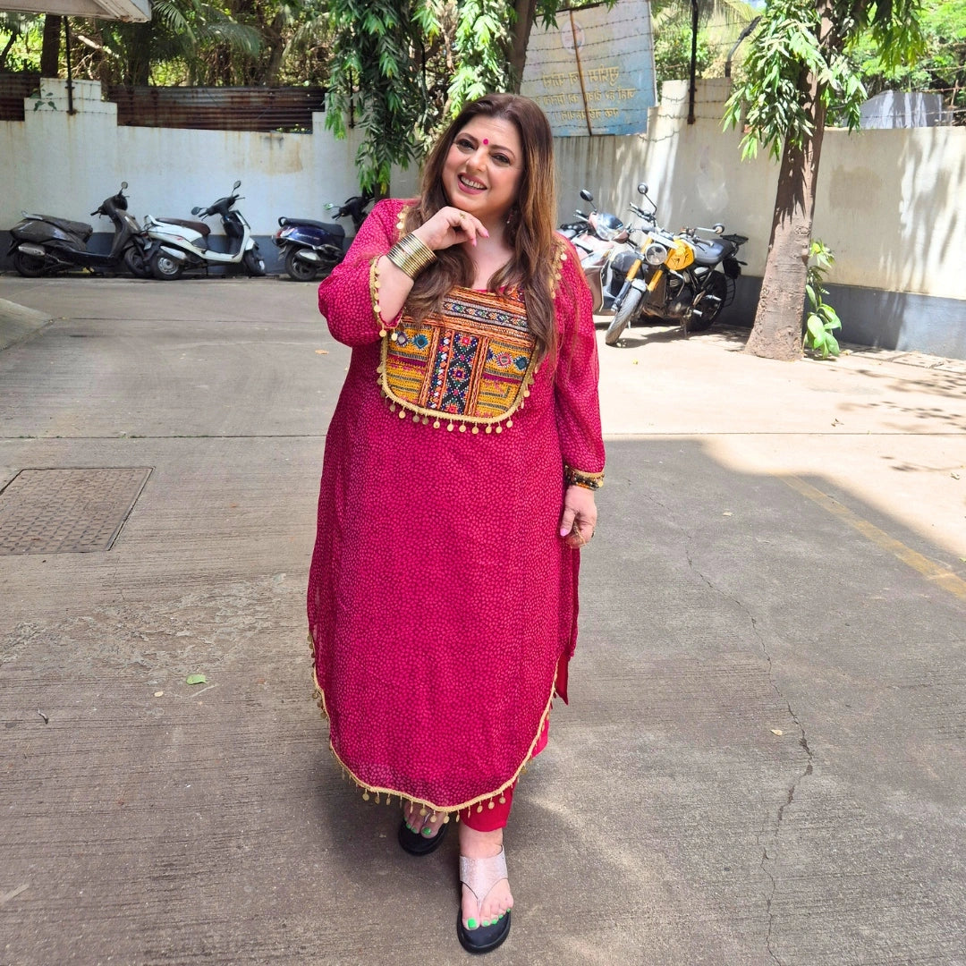 Bindiya- Dark Pink Chiffon Kutch Hand Embroidered Kurta