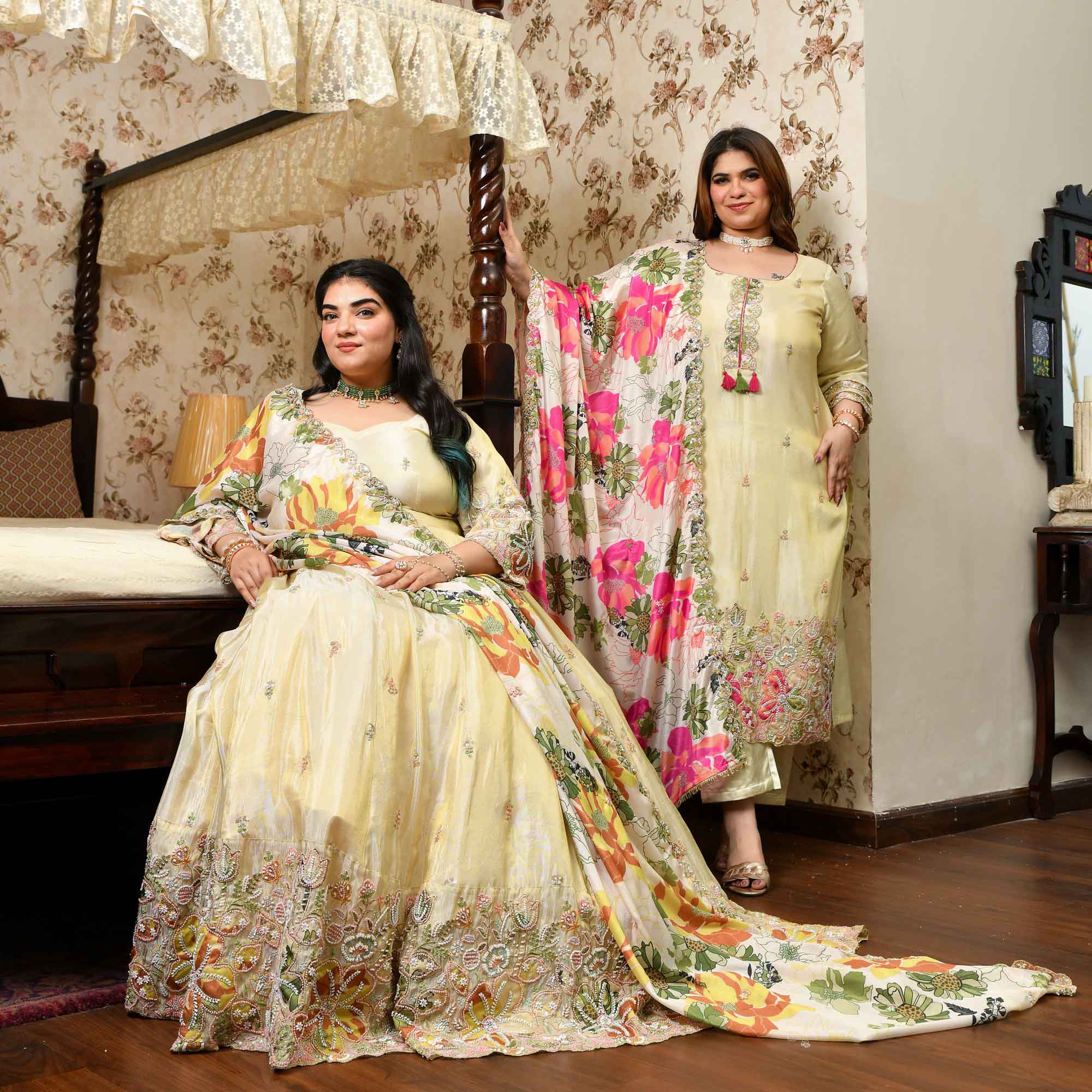 Tere Naina- Ivory & Gold  Pure Cosmos Tissue Silk Applique Cutdana Embroidered Anarkali Set