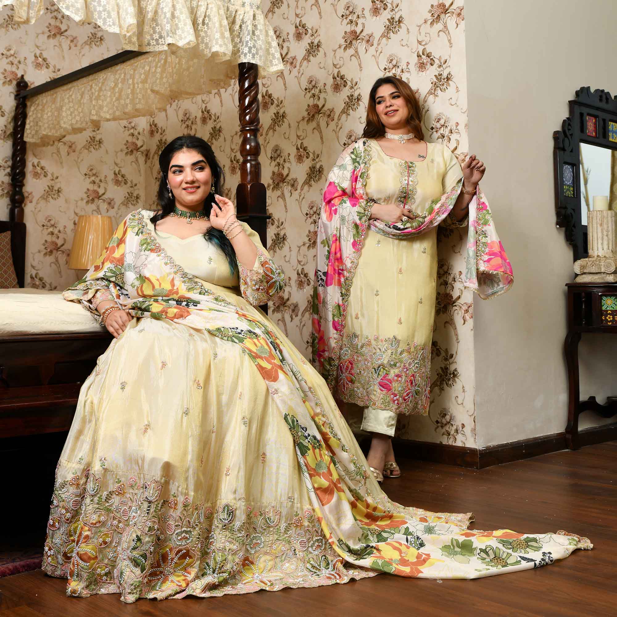 Tere Naina- Ivory & Gold  Pure Cosmos Tissue Silk Applique Cutdana Embroidered Anarkali Set
