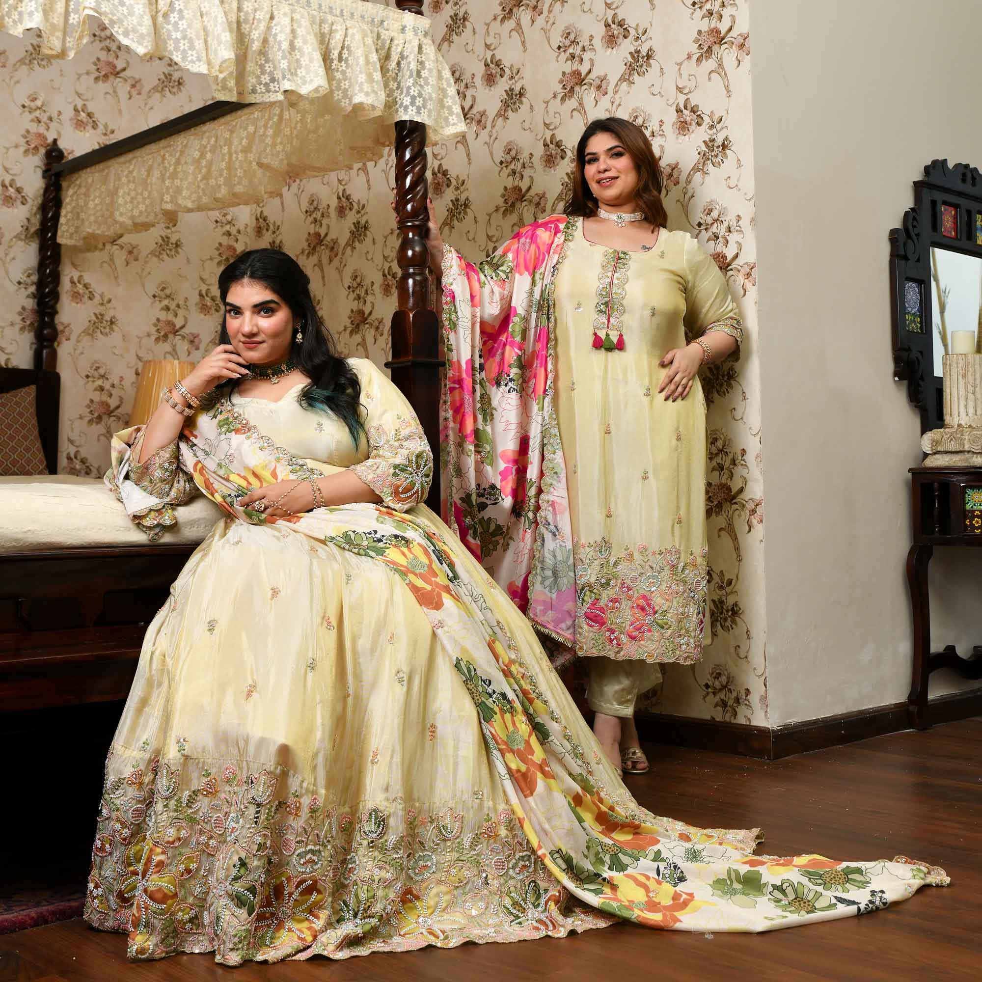 Tere Naina- Ivory & Gold  Pure Cosmos Tissue Silk Applique Cutdana Embroidered Anarkali Set
