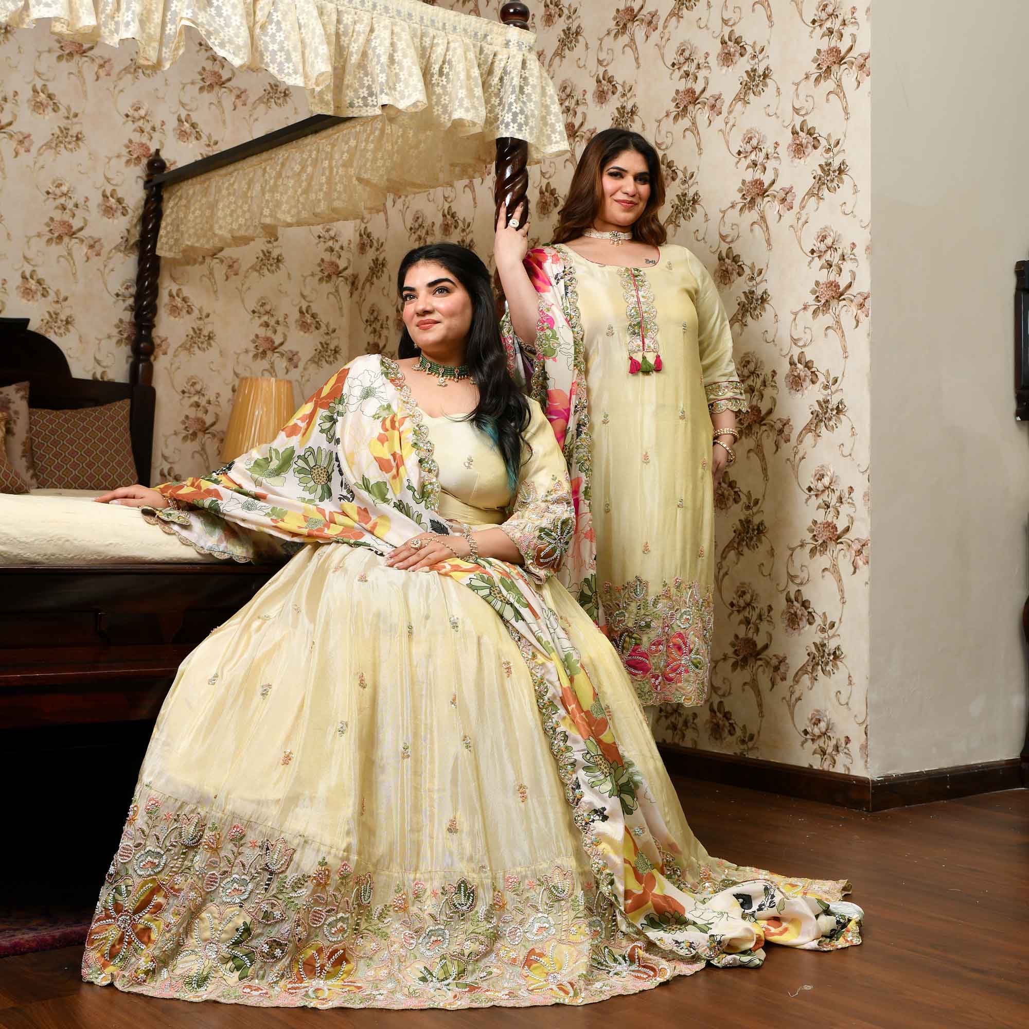 Tere Naina- Ivory & Gold  Pure Cosmos Tissue Silk Applique Cutdana Embroidered Anarkali Set